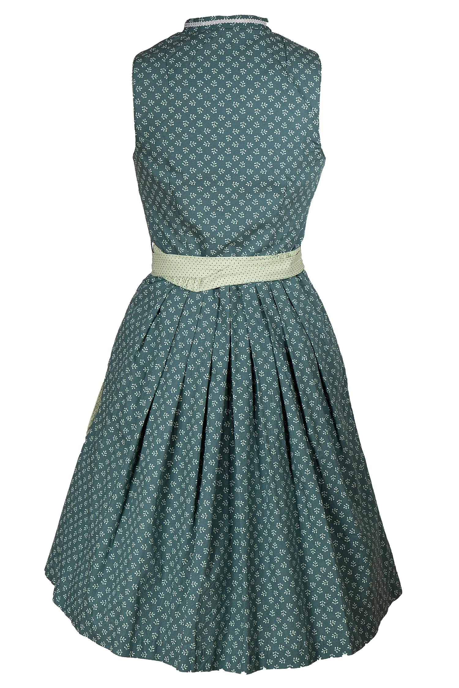 Dirndl hochgeschlossen in dunkelgrün mit hellgrüner Schürze - Rückenansicht