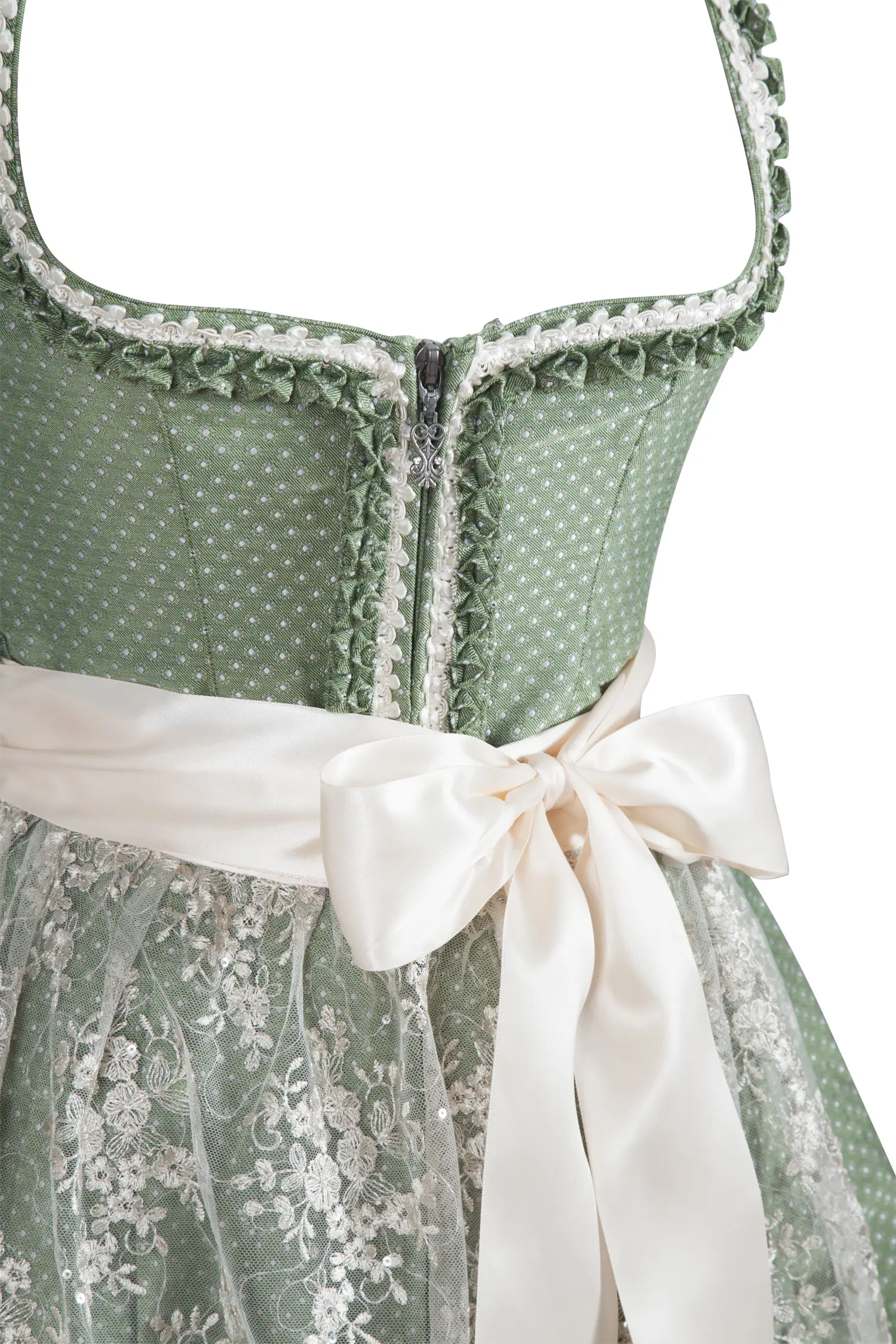 Dirndl Carla in hellgrün / creme mit Glitzerschürze - Detail Mieder