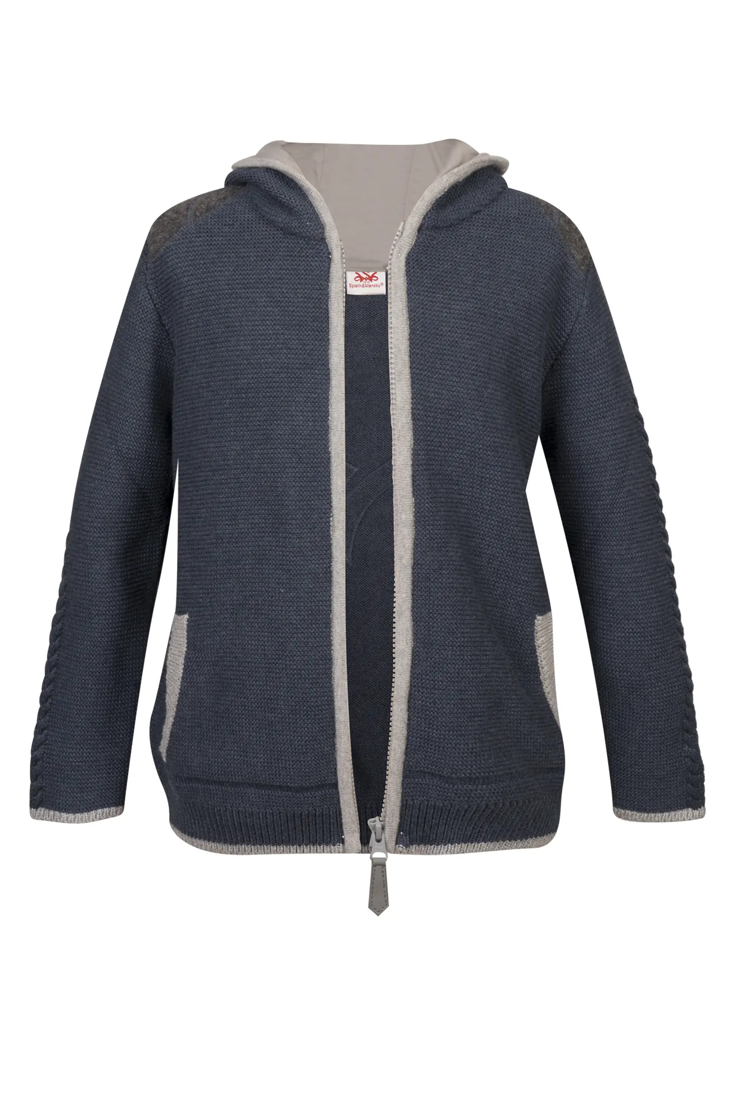 Kinder Trachtenstrickjacke blau / grau mit Kapuze