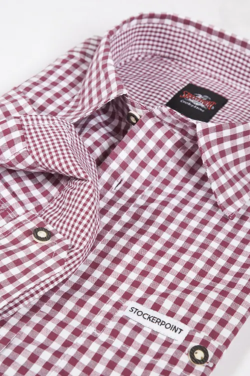 Trachtenhemd kariert in bordeaux und weiß günstig Detail