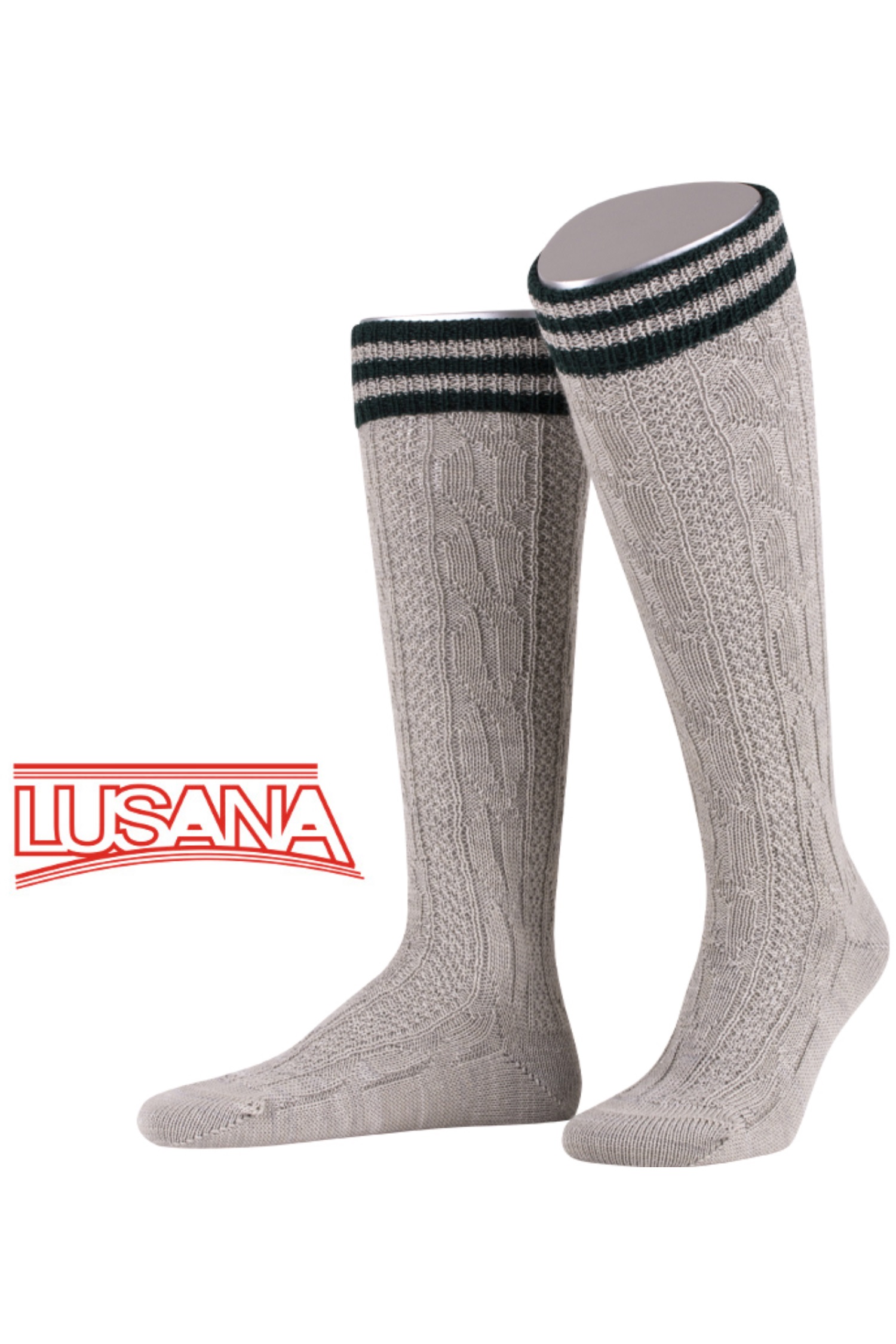 Trachtenkniestrümpfe von Lusana in Beige mit Dunkelgrünen Applikationen Lusana Trachtenkniestrümpfe in Beige mit Dunkelgrünen Applikationen