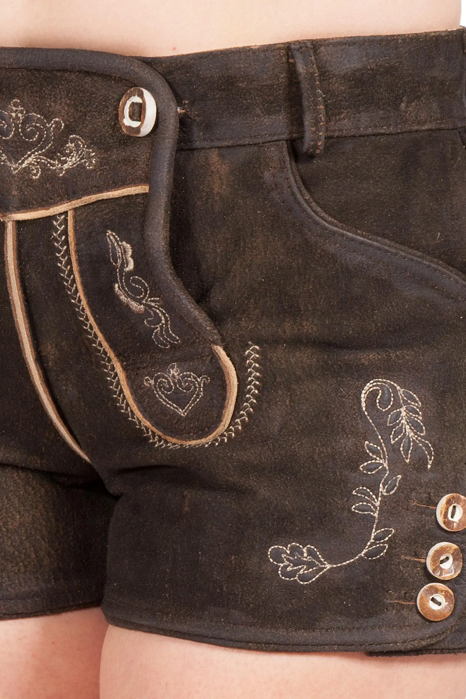 Kurze Damen Lederhose Dalia in Ruß dunkelbraun Detail