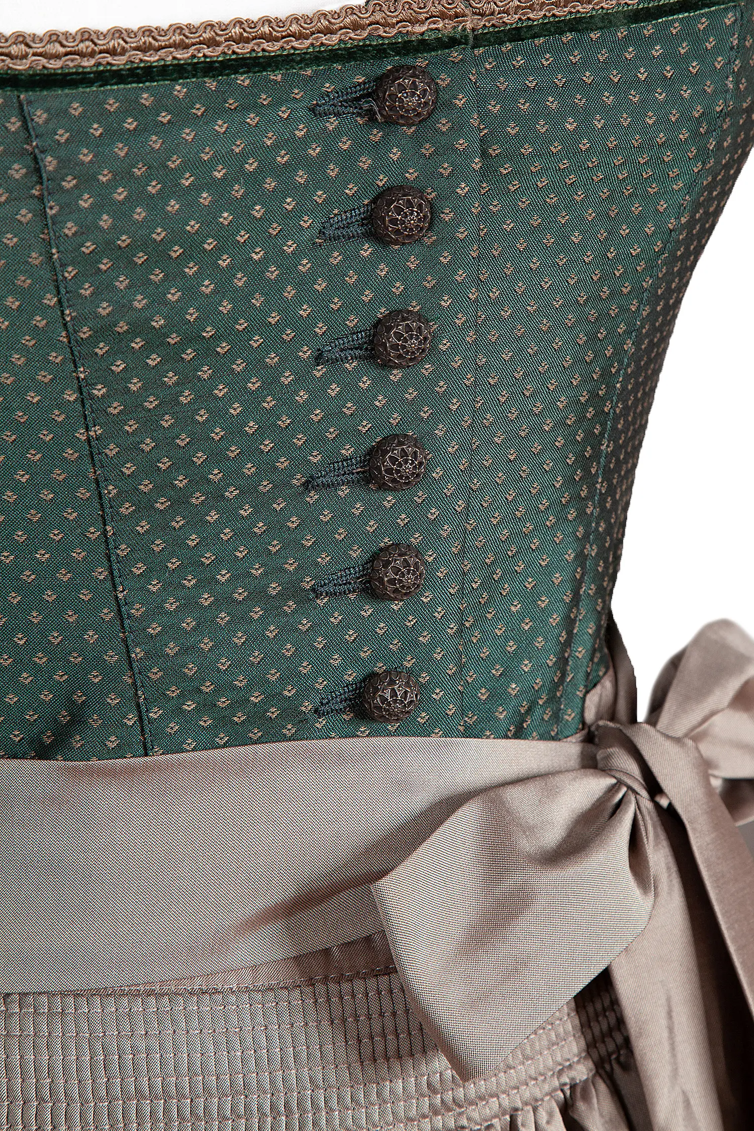 Dirndl in grün mit glänzender Schürze - Detail Mieder