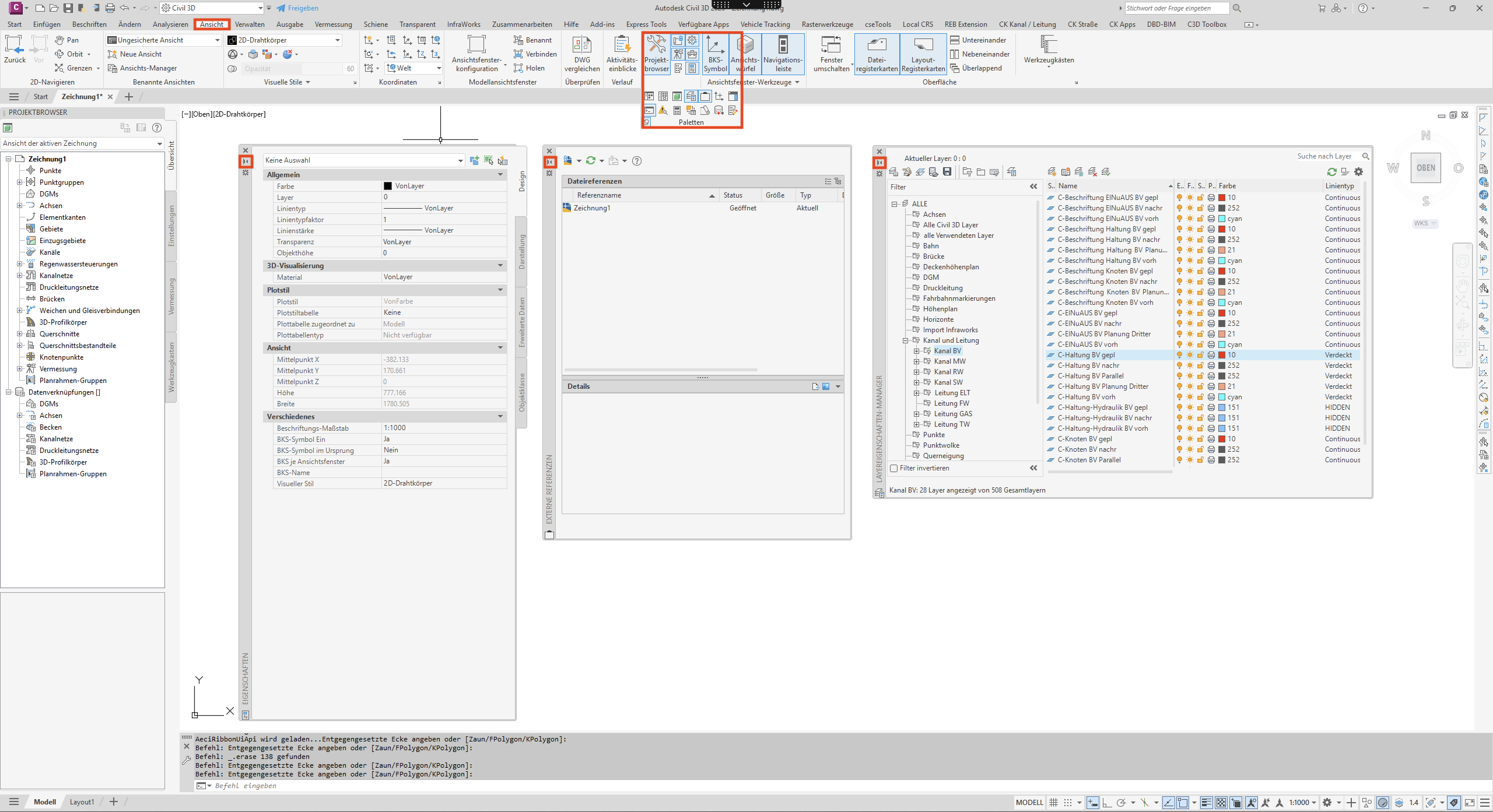 Paletten ausgeklappt: Projektbrowser links, Eigenschaftspalette, Referenzen, Layer-Manager rechts