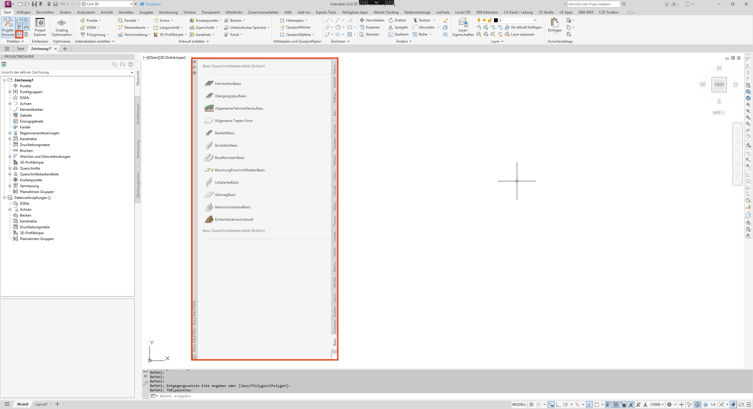 Werkzeugpaletten mit Reitern für Schraffuren und Blöcke