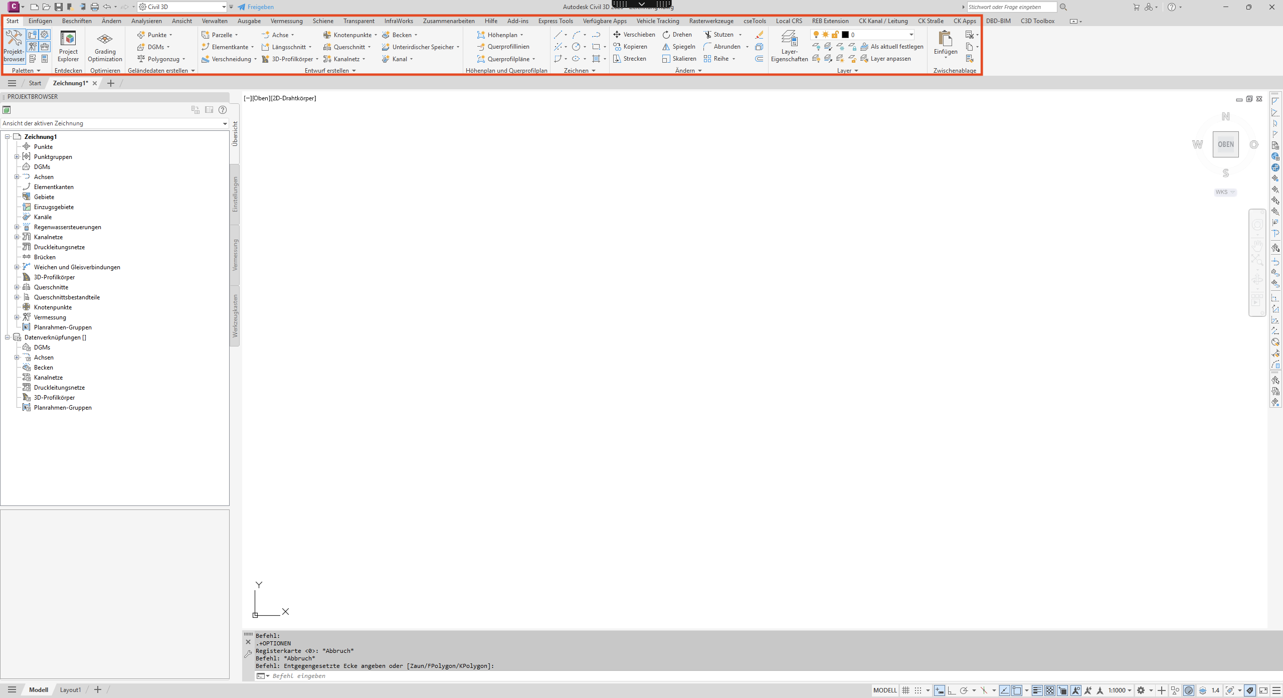 Start-Tab des Arbeitsbereichs Civil 3D mit hervorgehobenen Civil- und AutoCAD-Bereichen