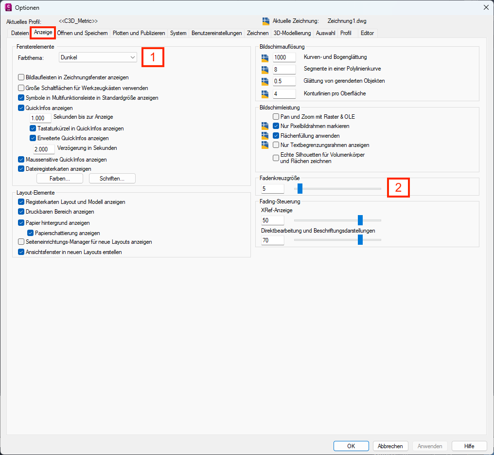 Reiter Anzeige im Optionsfenster
