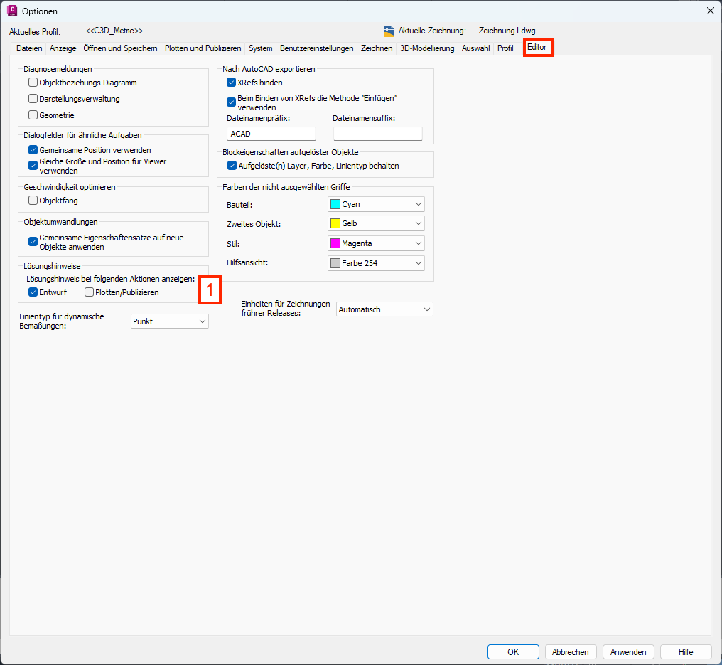 Reiter Editor im Optionsfenster