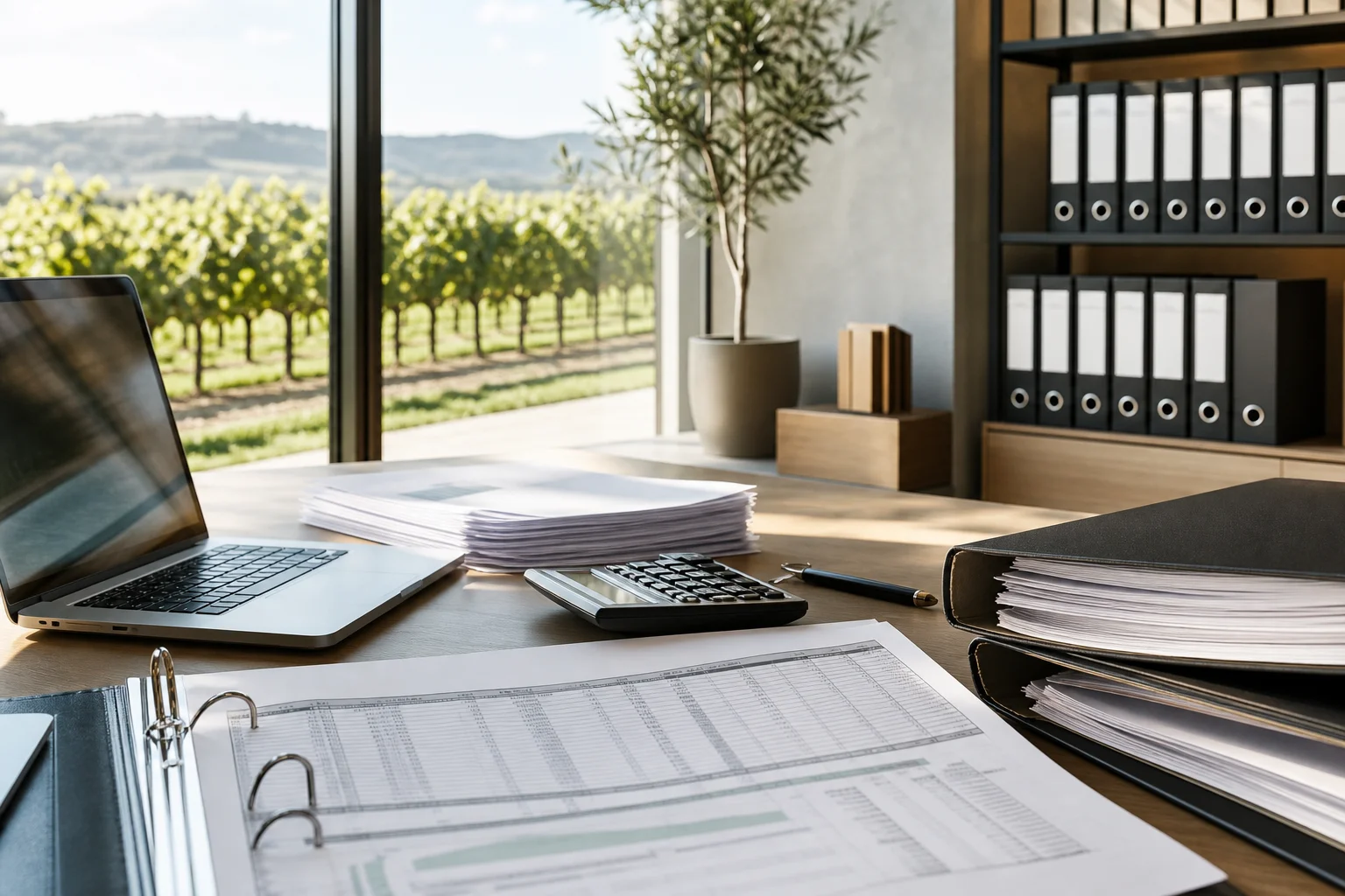 Büro mit Steuerunterlagen und Ordnern zur Gewinnermittlung im Weinbau
