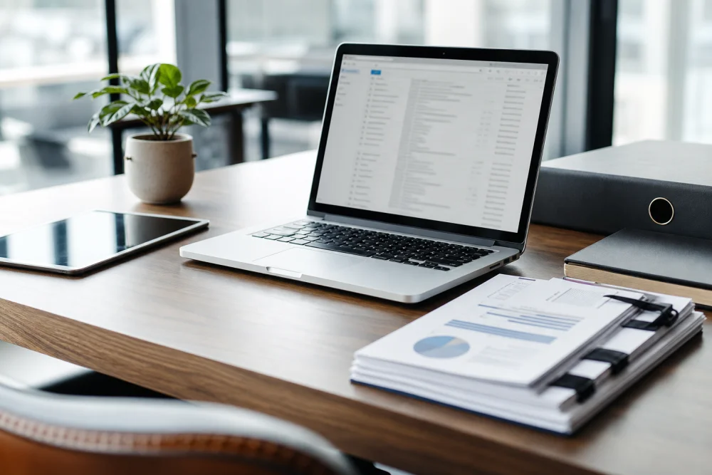 Digitale Arbeitsumgebung mit Dokumenten und Laptop