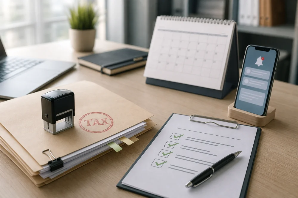 Arbeitsplatz mit Fristen, Checkliste und Steuerunterlagen