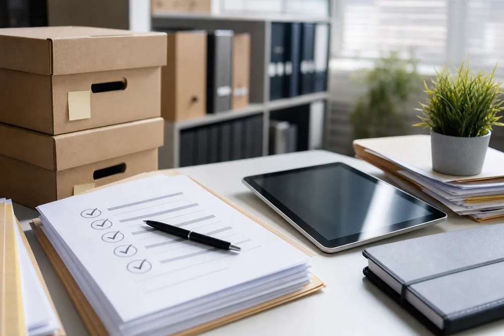 Checkliste neben Tablet und Archivboxen im Büro