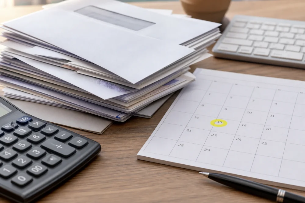 Unterlagen zur Umsatzsteuer und ein Fristenkalender auf dem Schreibtisch