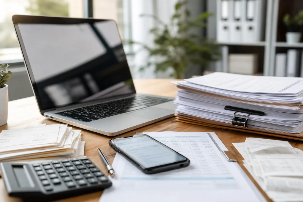 Organisierte Buchhaltungsunterlagen und Laptop im Steuerbüro