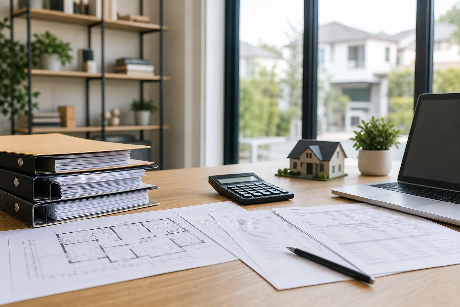 Arbeitsplatz mit Unterlagen zur steuerlichen Bewertung einer betrieblich genutzten Immobilie