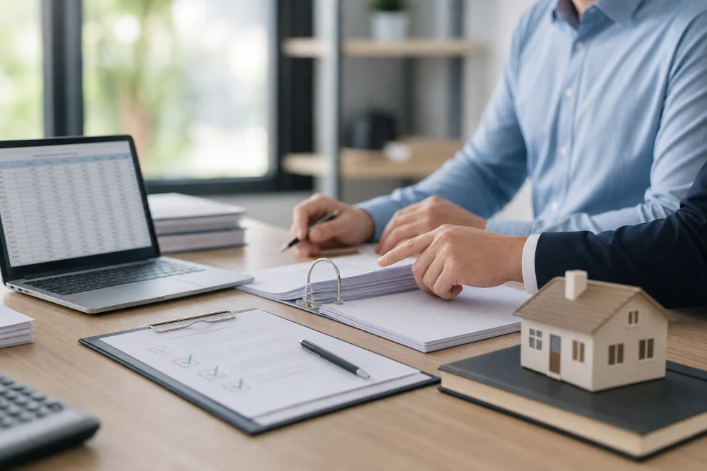 Beratungsszene mit Akte und digitaler Dokumentation zur Immobilienzuordnung