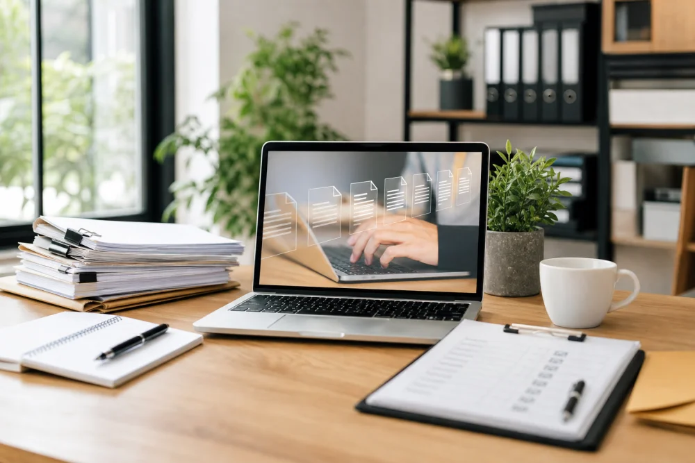 Arbeitsplatz mit digitaler Lohnsteuer-Bescheinigung