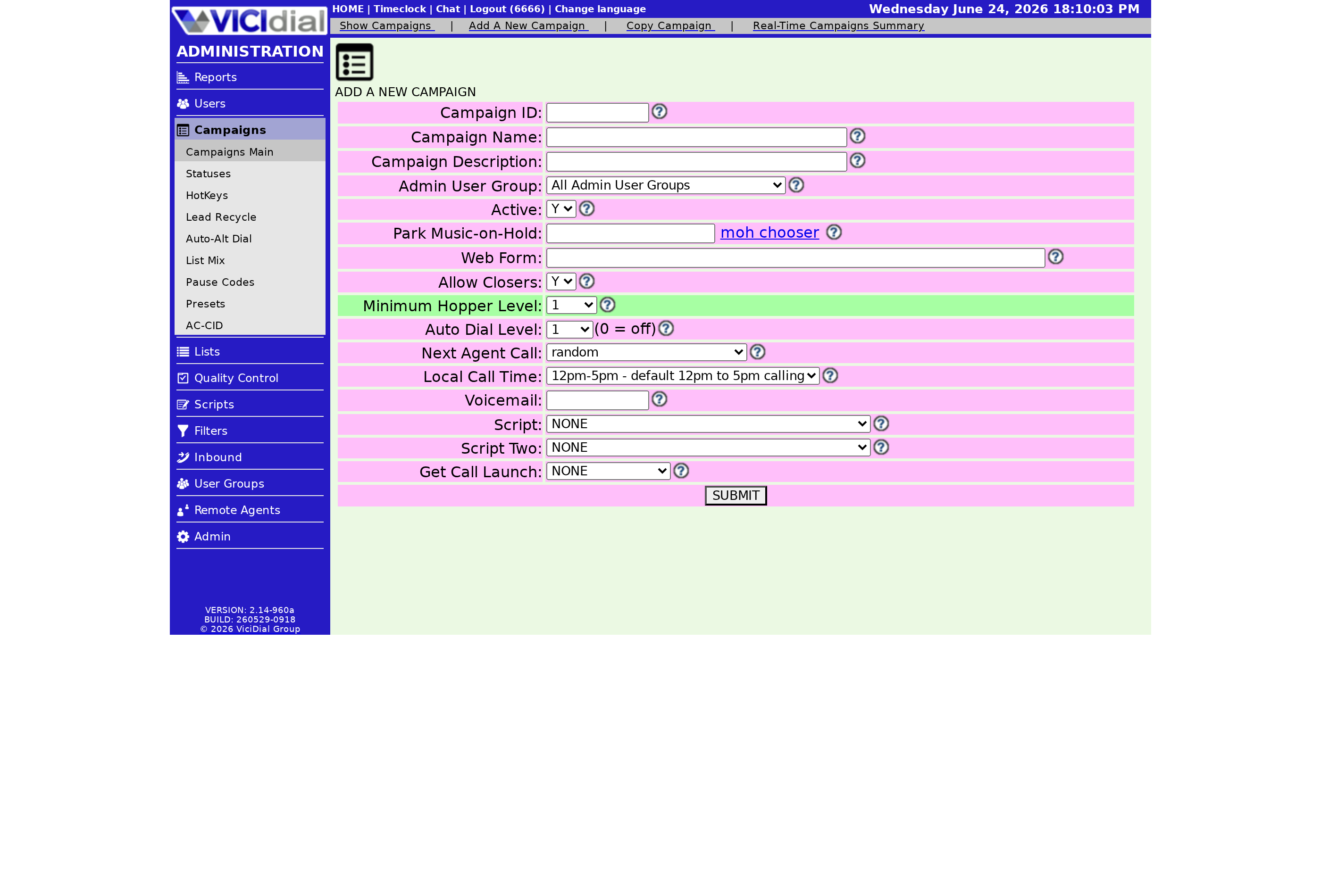 Creating a campaign in the VICIdial admin — Campaigns → Add A New Campaign.