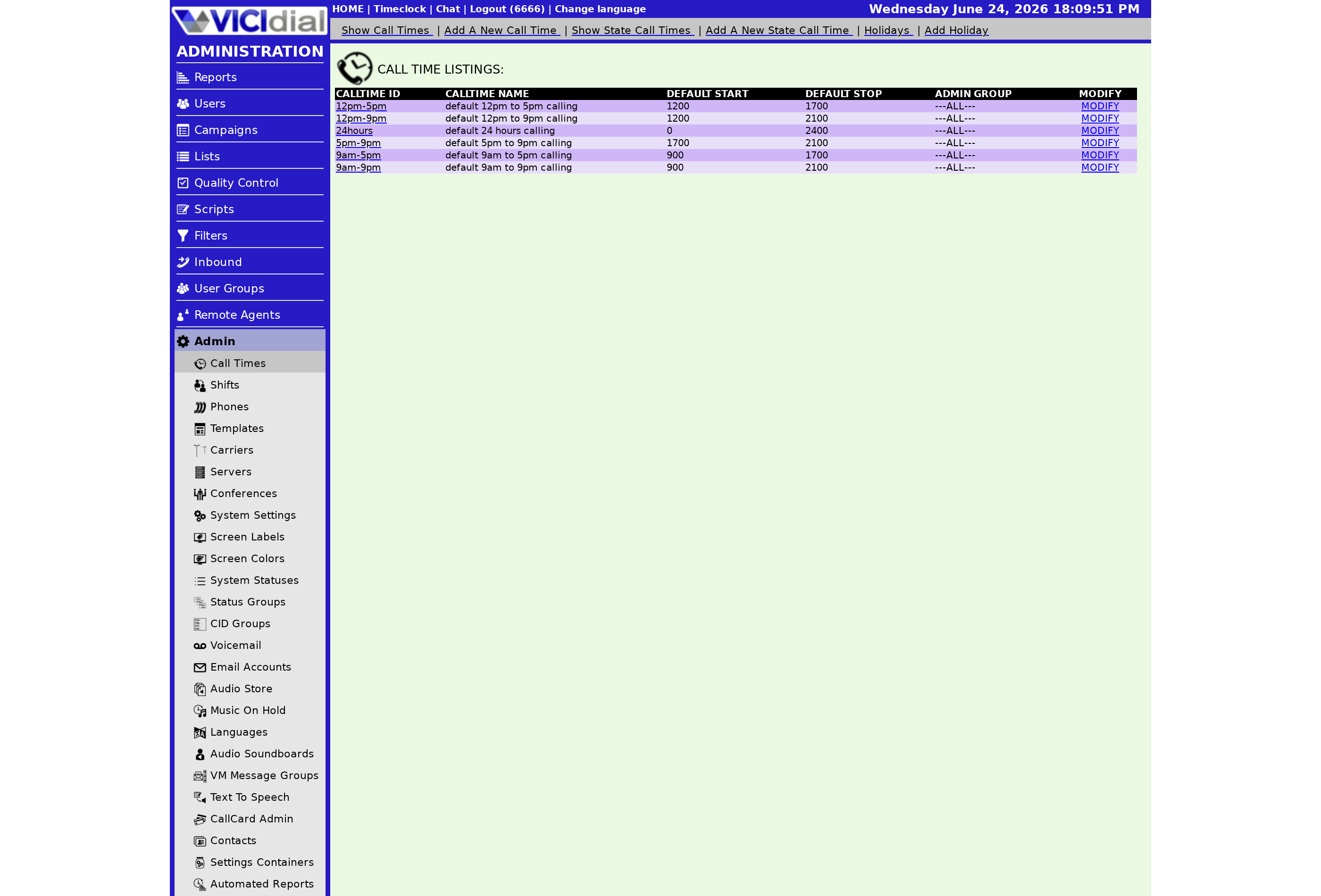 Call times and calling hours in the VICIdial admin (Admin → Call Times).