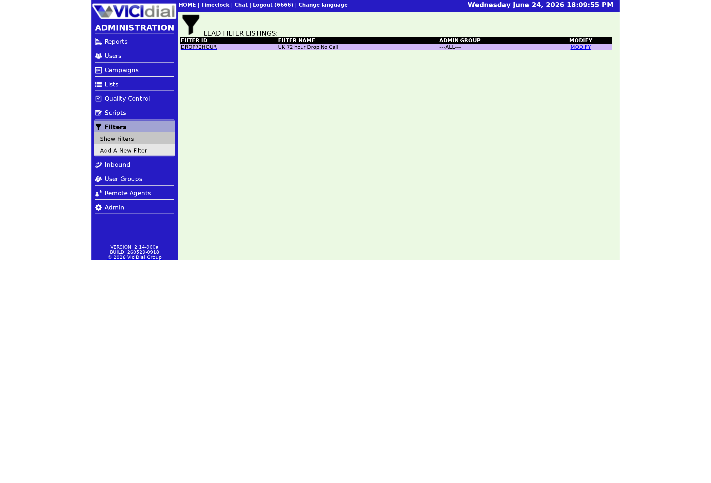 Lead filters in the VICIdial admin (Filters).