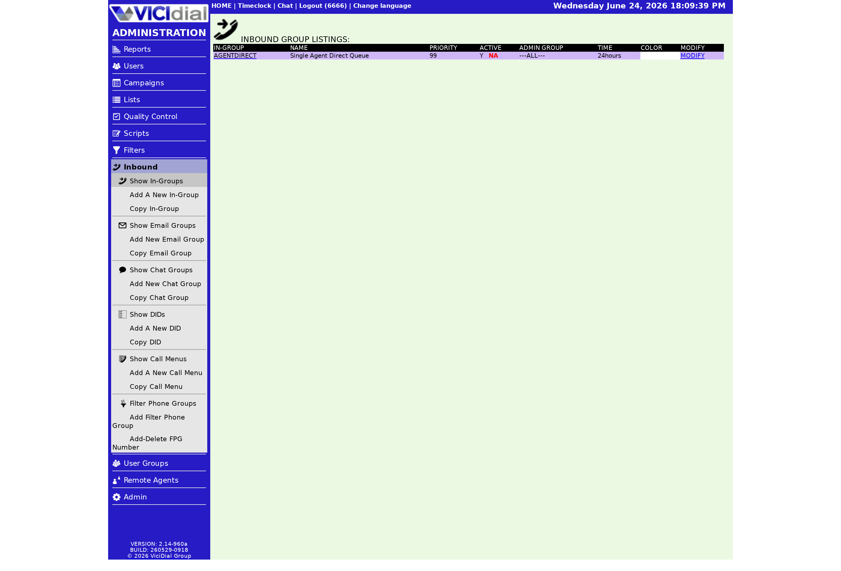 Inbound in-groups in the VICIdial admin (Inbound → In-Groups).