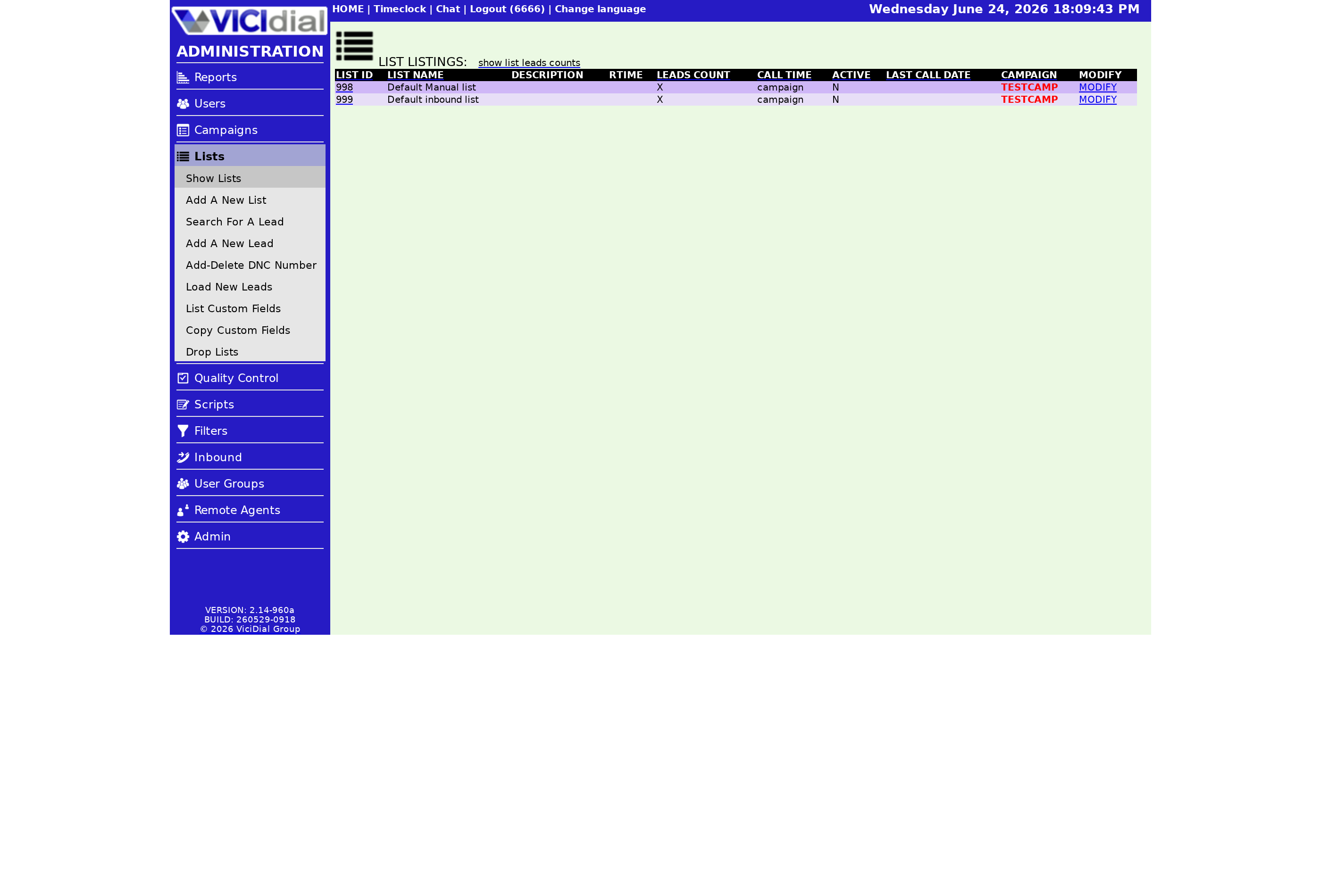 Managing lead lists in the VICIdial admin (Lists).