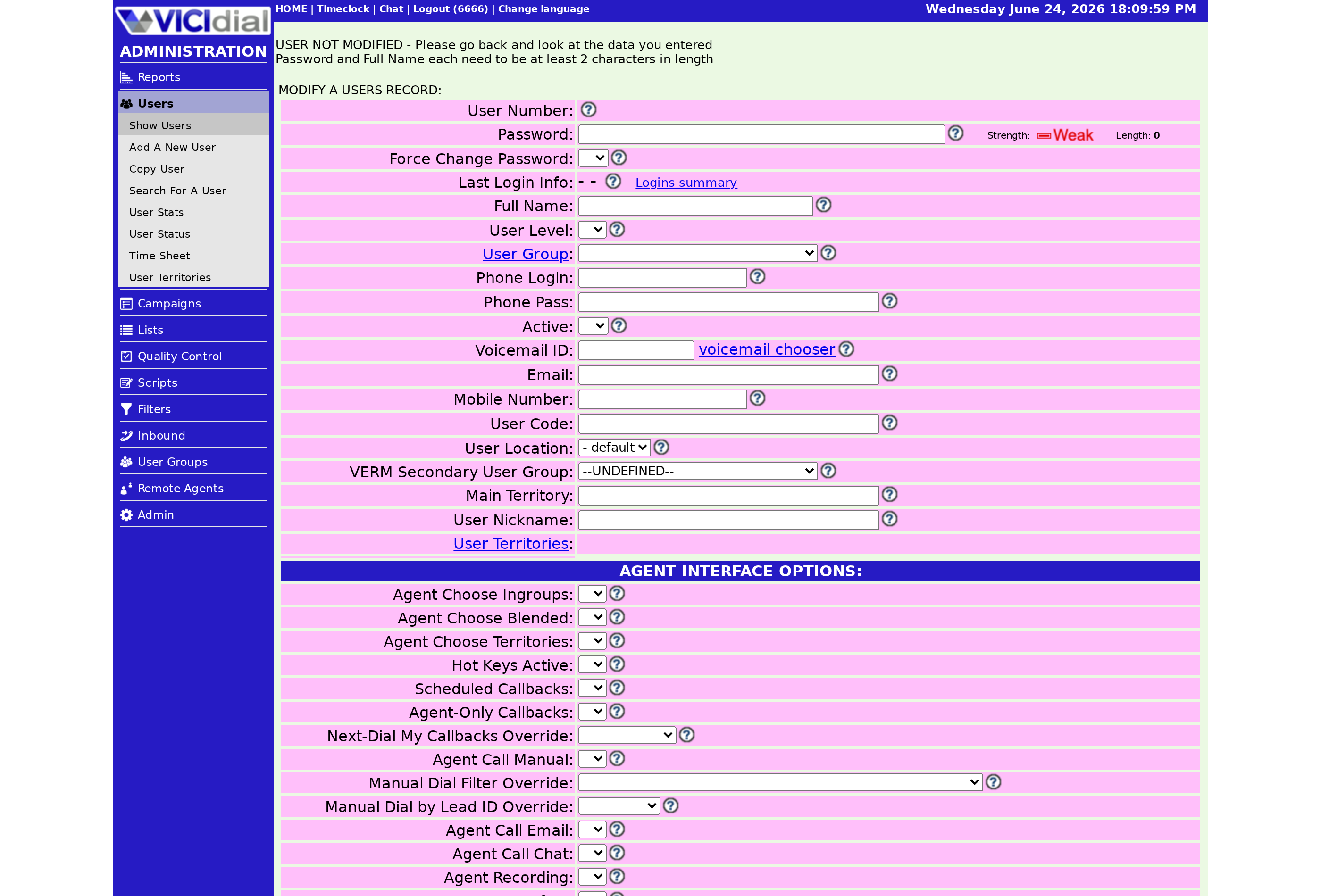 User and agent accounts in the VICIdial admin (Users).