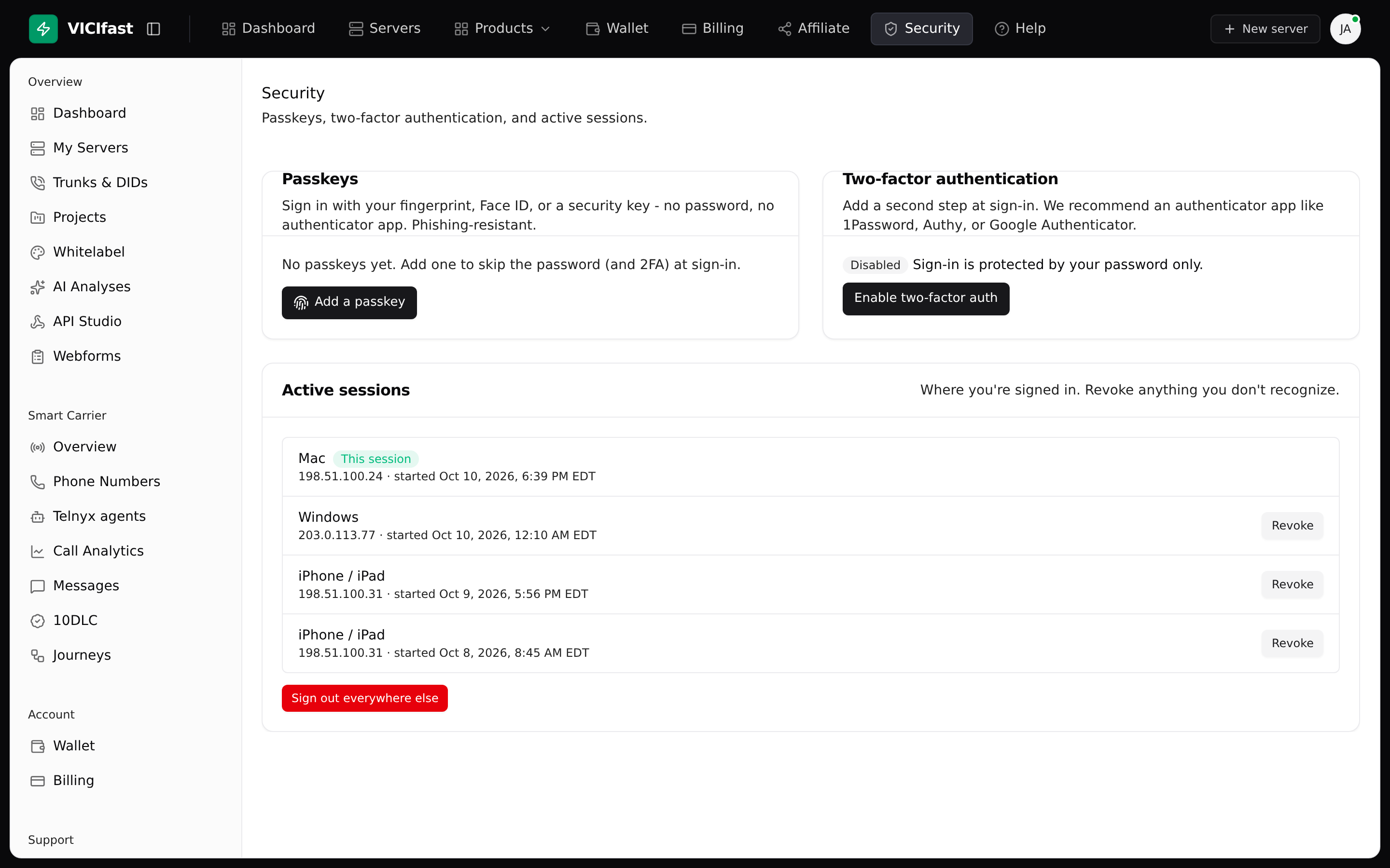 The Security page: passkeys, two-factor and active sessions
