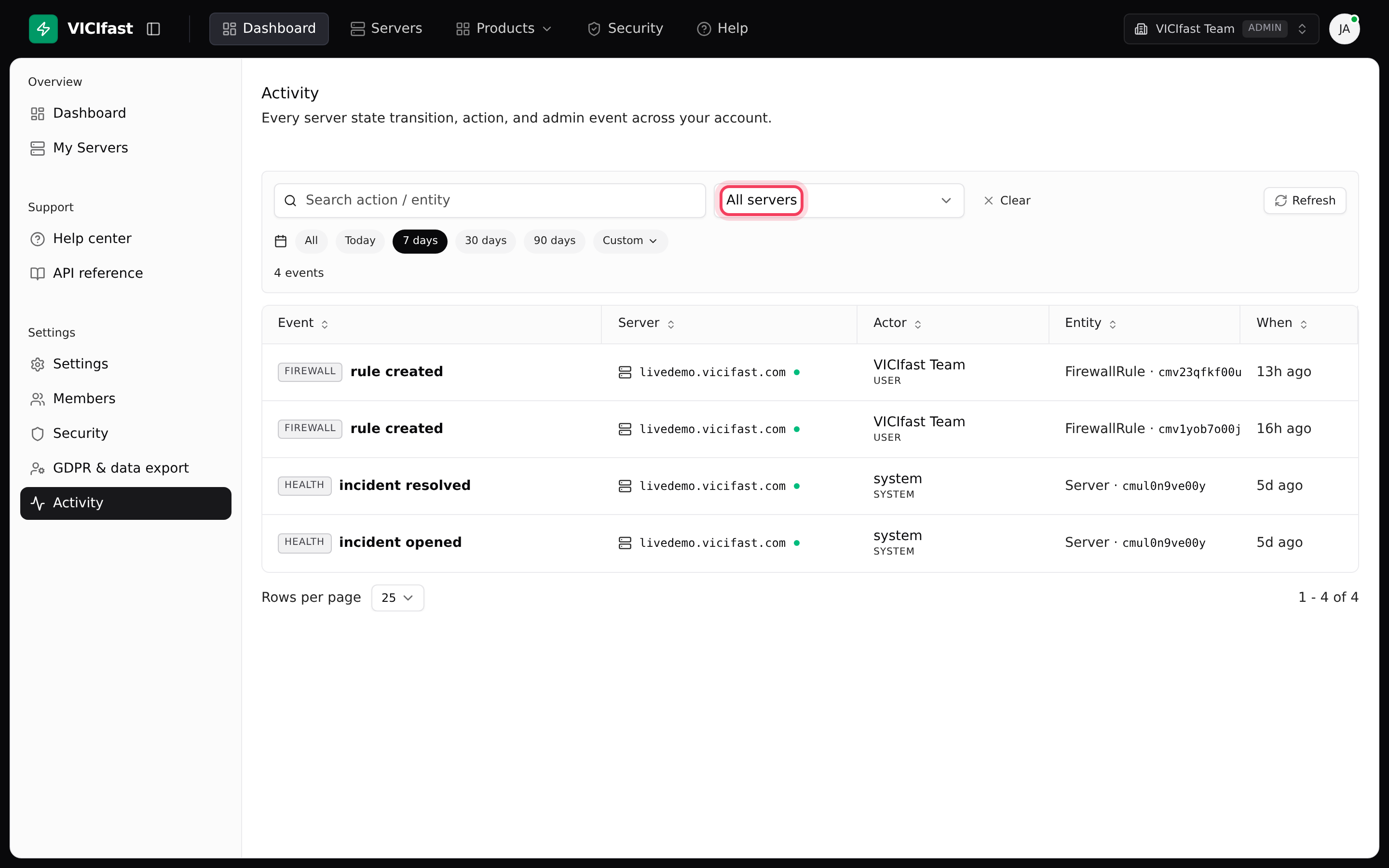 The Activity page: account-wide events with server and date filters