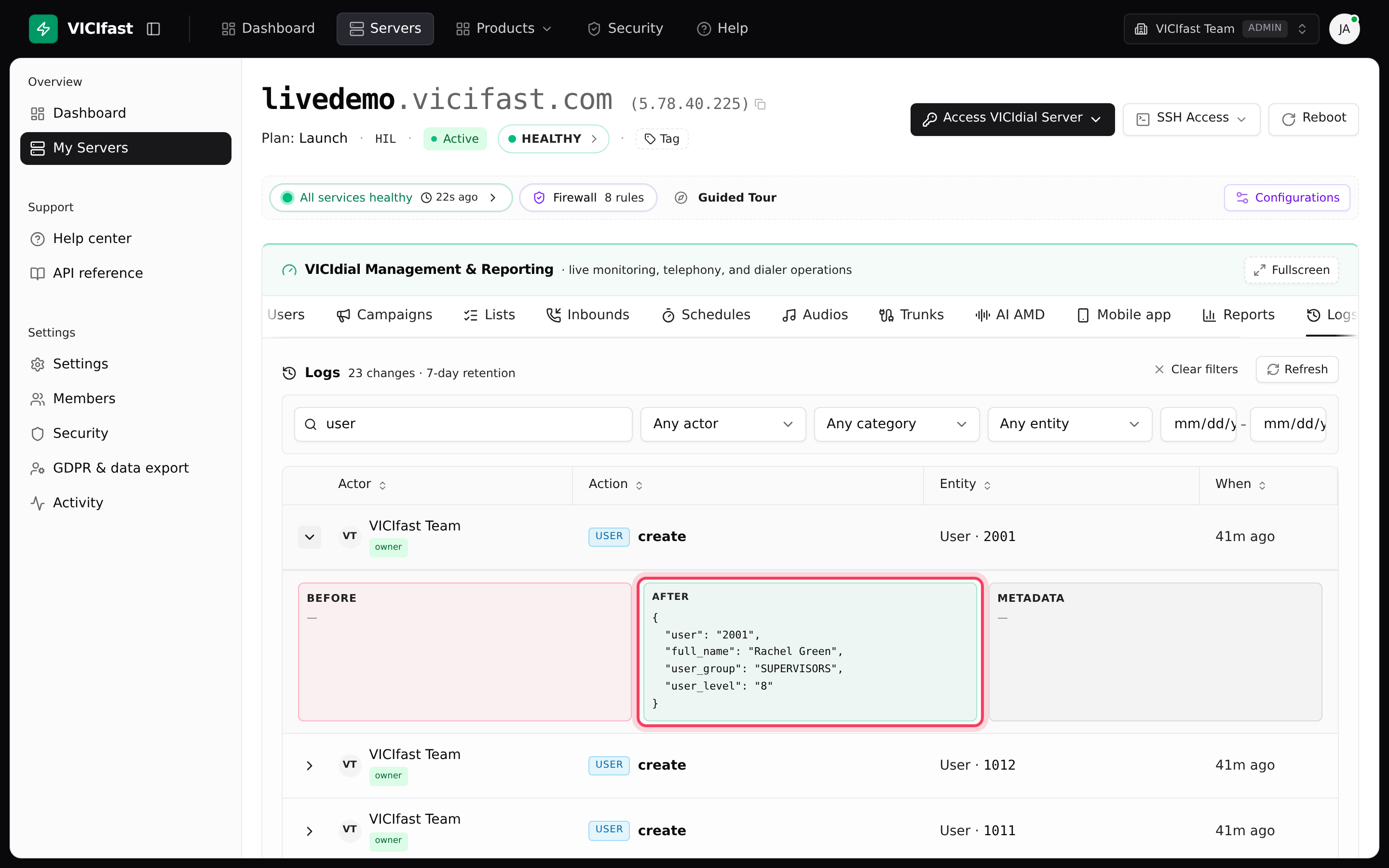 One change opened: Before, After and Metadata