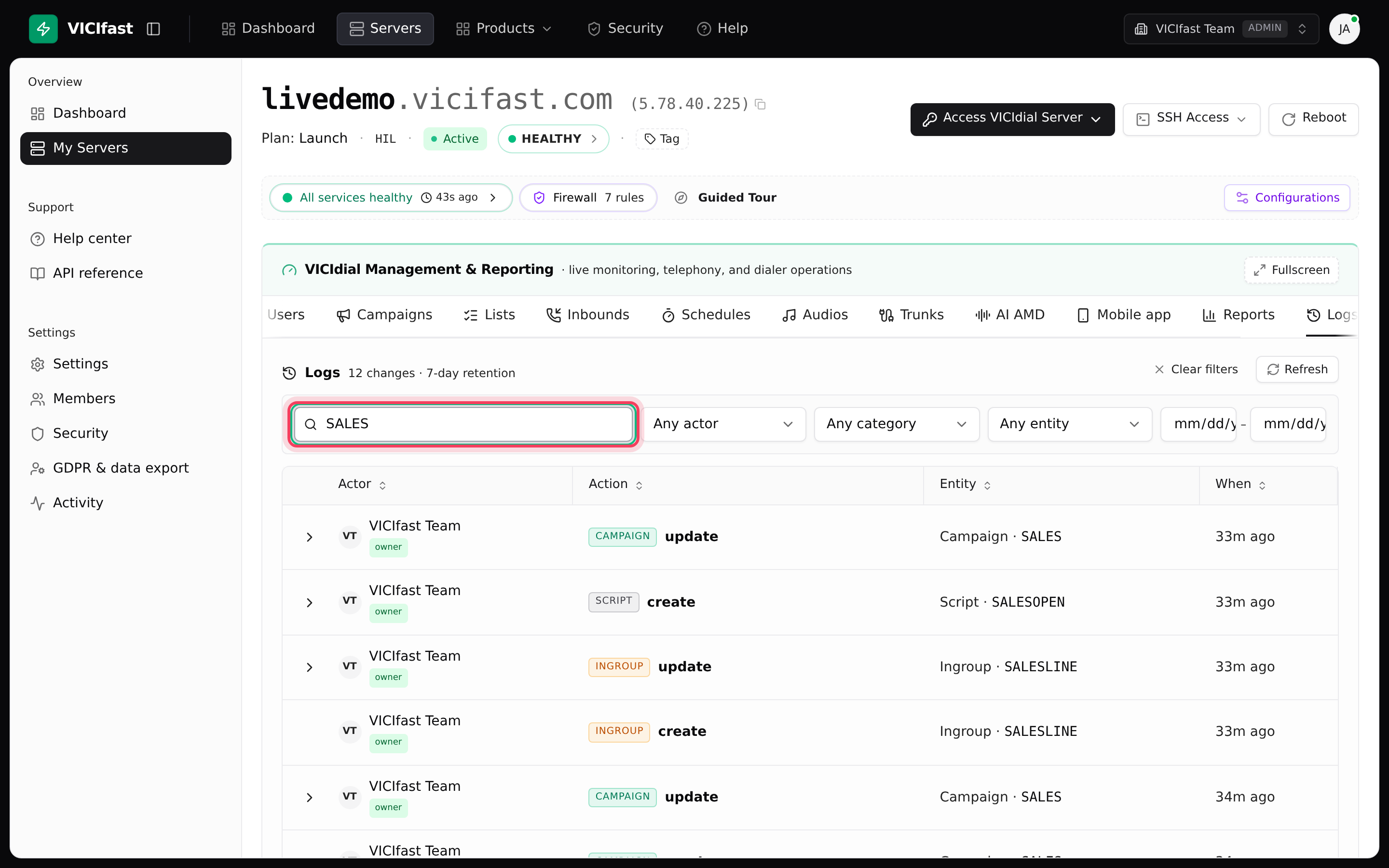 The Logs tab filtered to one campaign