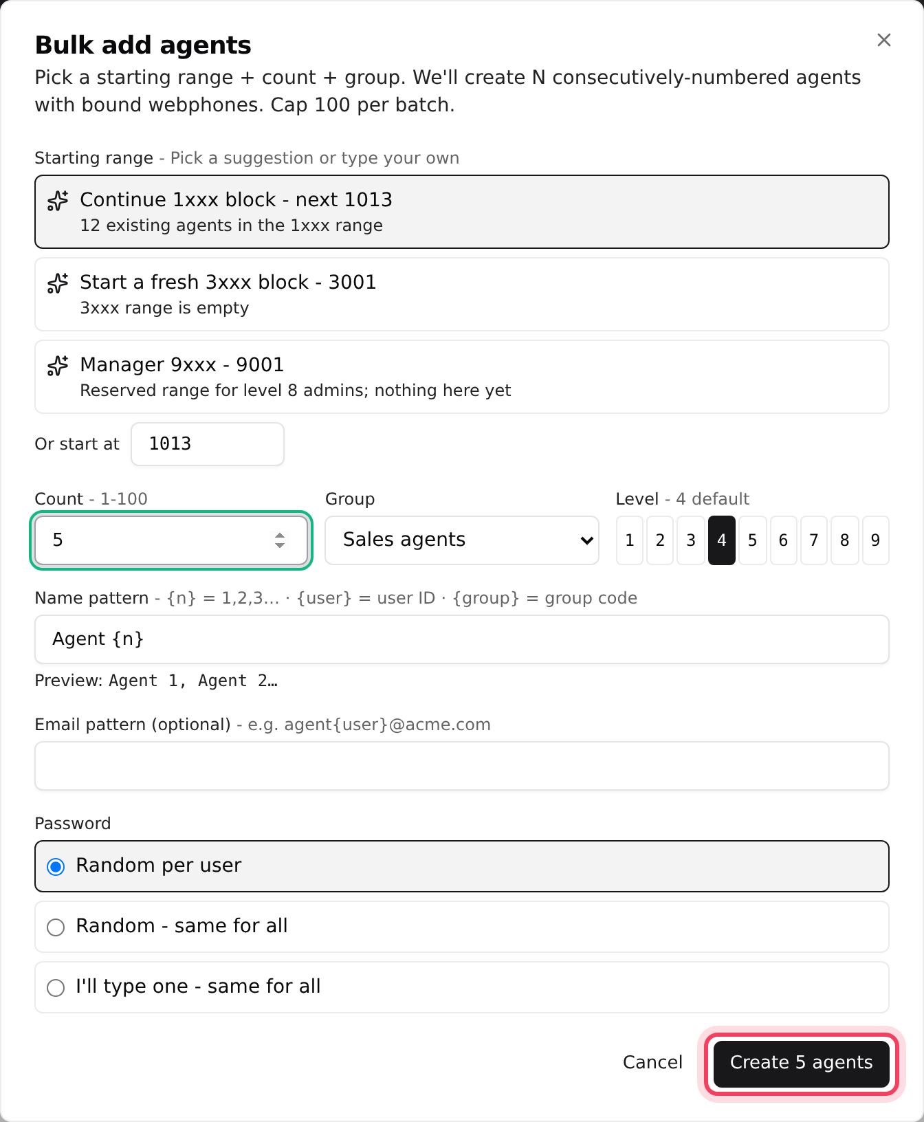 Bulk add: pick a starting number, how many, the group and a name pattern
