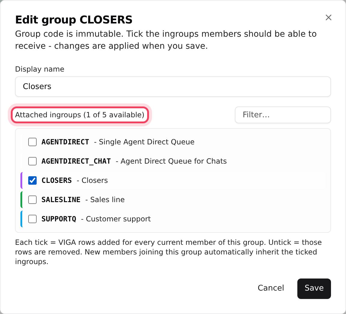 Edit group: tick the queues this team answers