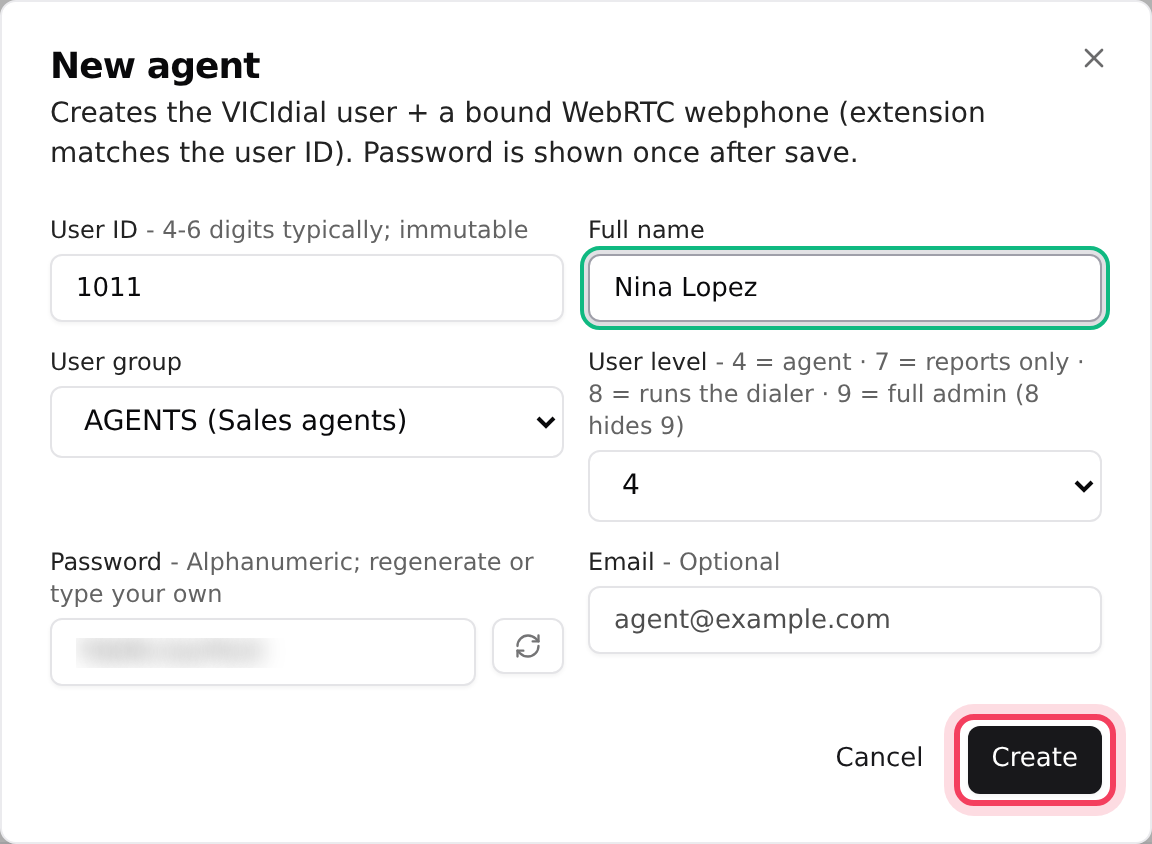The New agent dialog: user ID, name, group, level and password