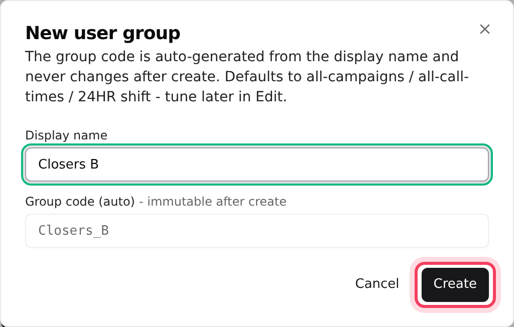 The New user group dialog: type a name and the code fills itself in