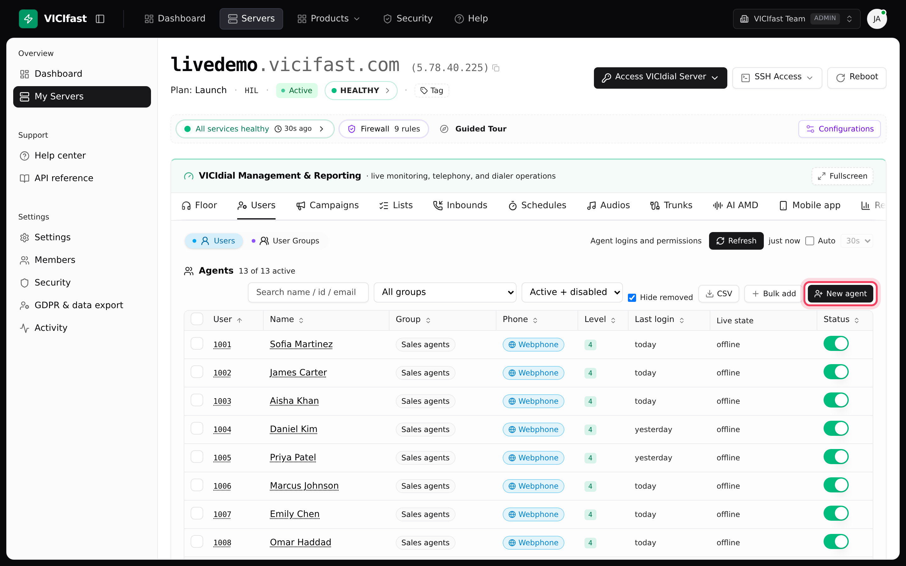 The Users tab: every agent login, with live state and an on/off switch