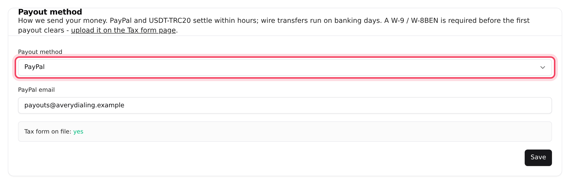 The Payout method card on the Payouts page
