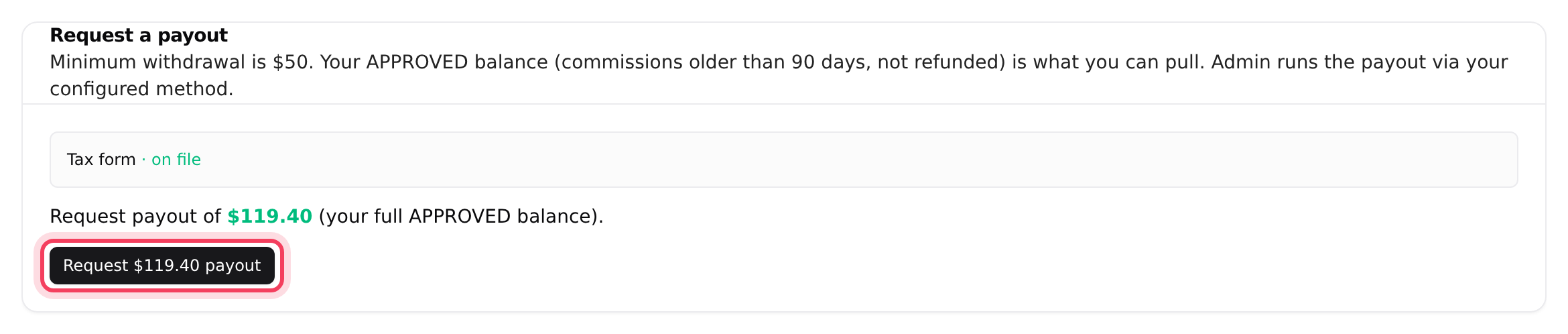 The Request a payout card with the Request payout button