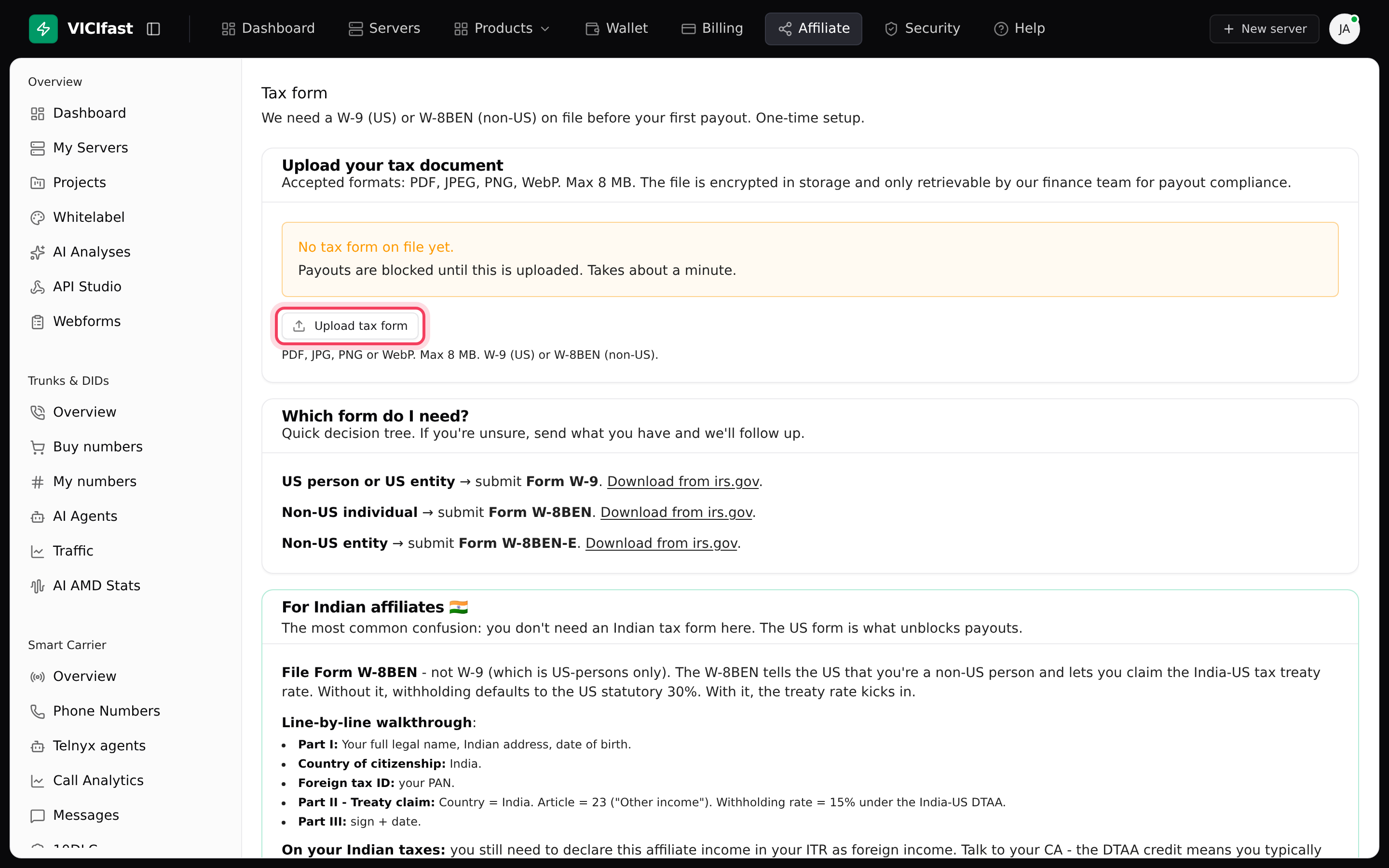 The Tax form page, where you upload your W-9 or W-8BEN