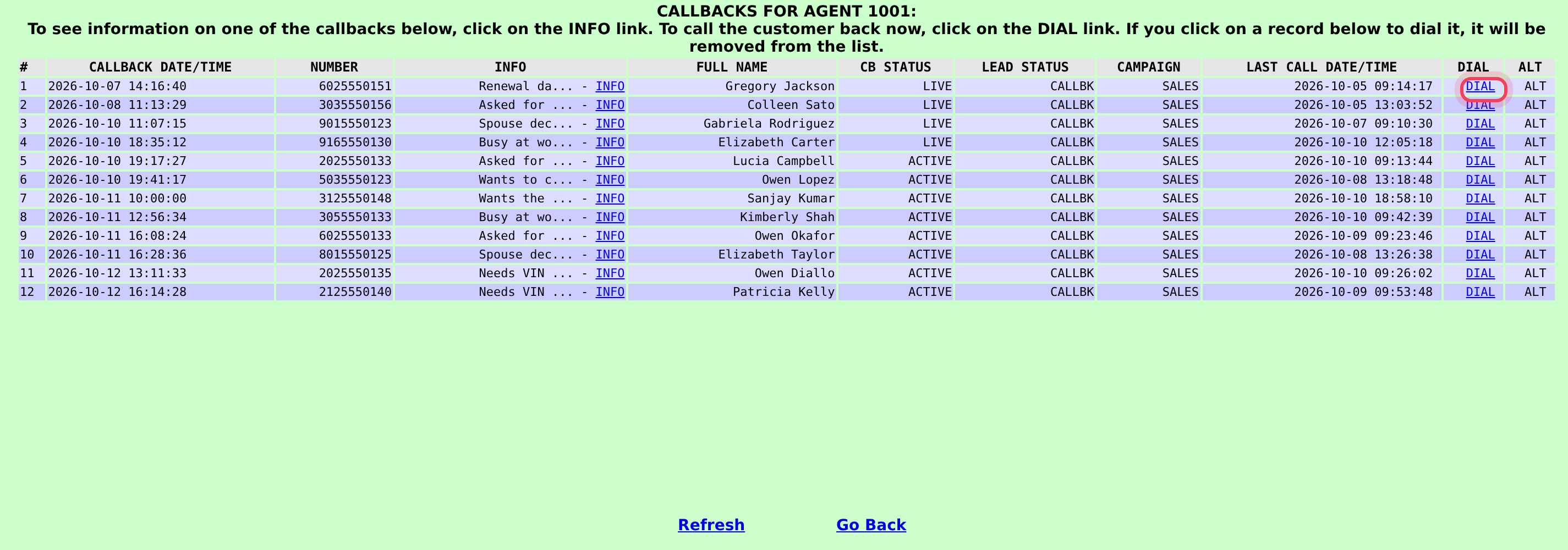 Your callbacks list: INFO shows the details, DIAL calls now