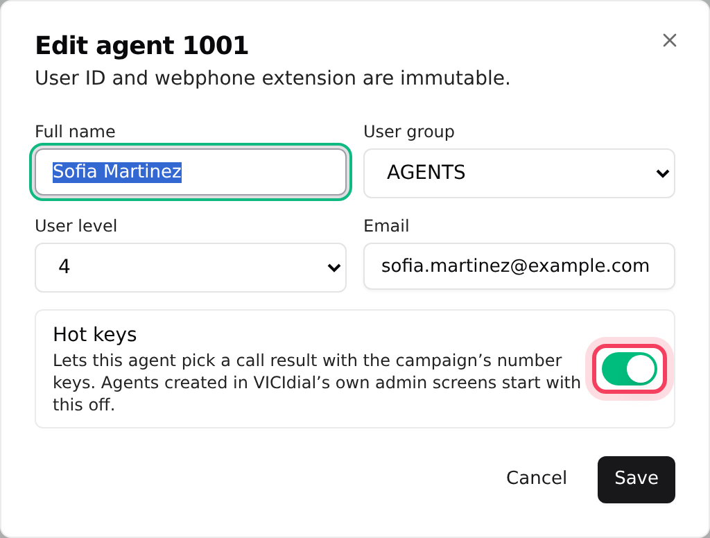 The Hot keys switch in Edit agent
