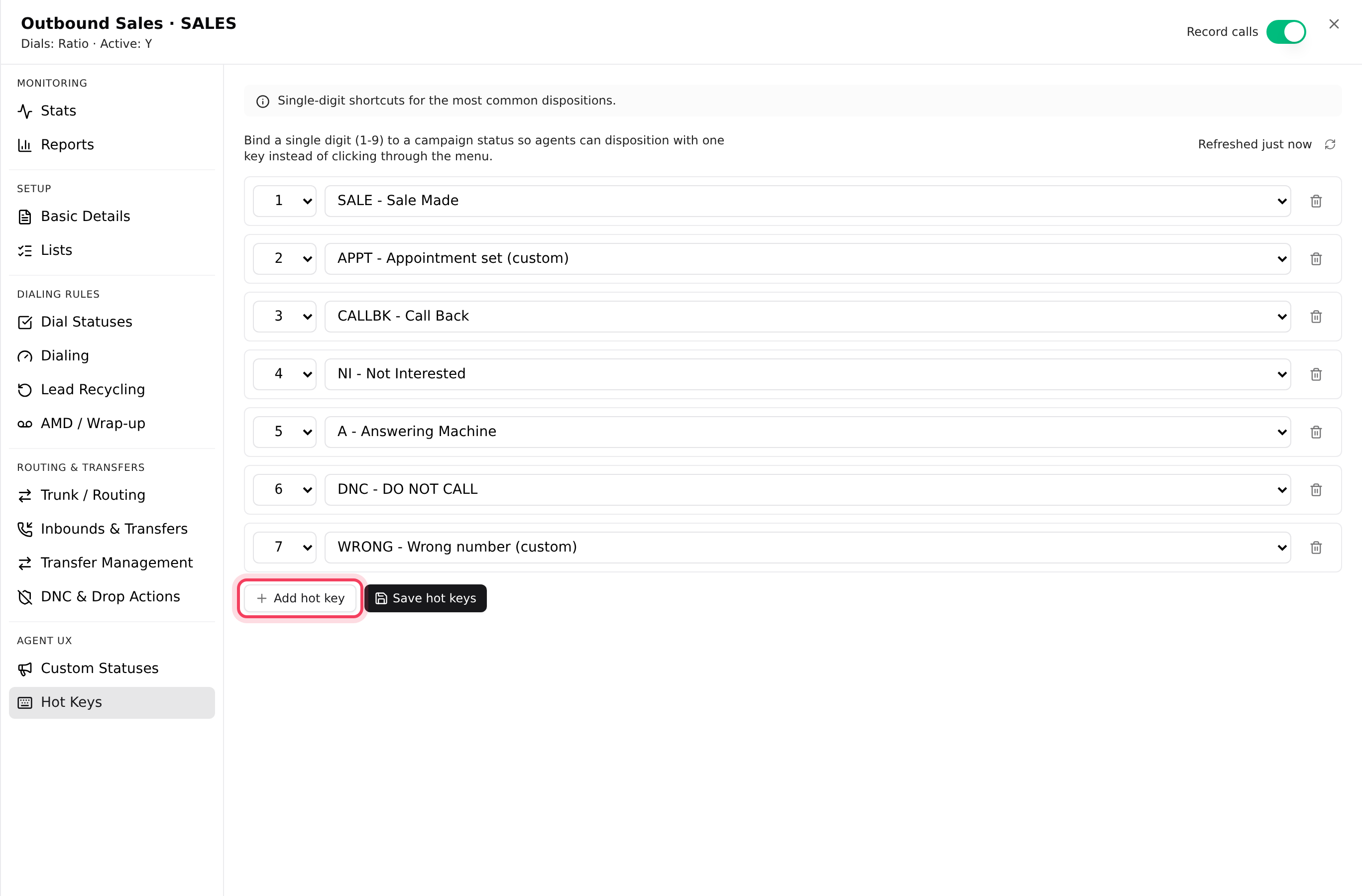The Hot Keys tab of a campaign: one row per key