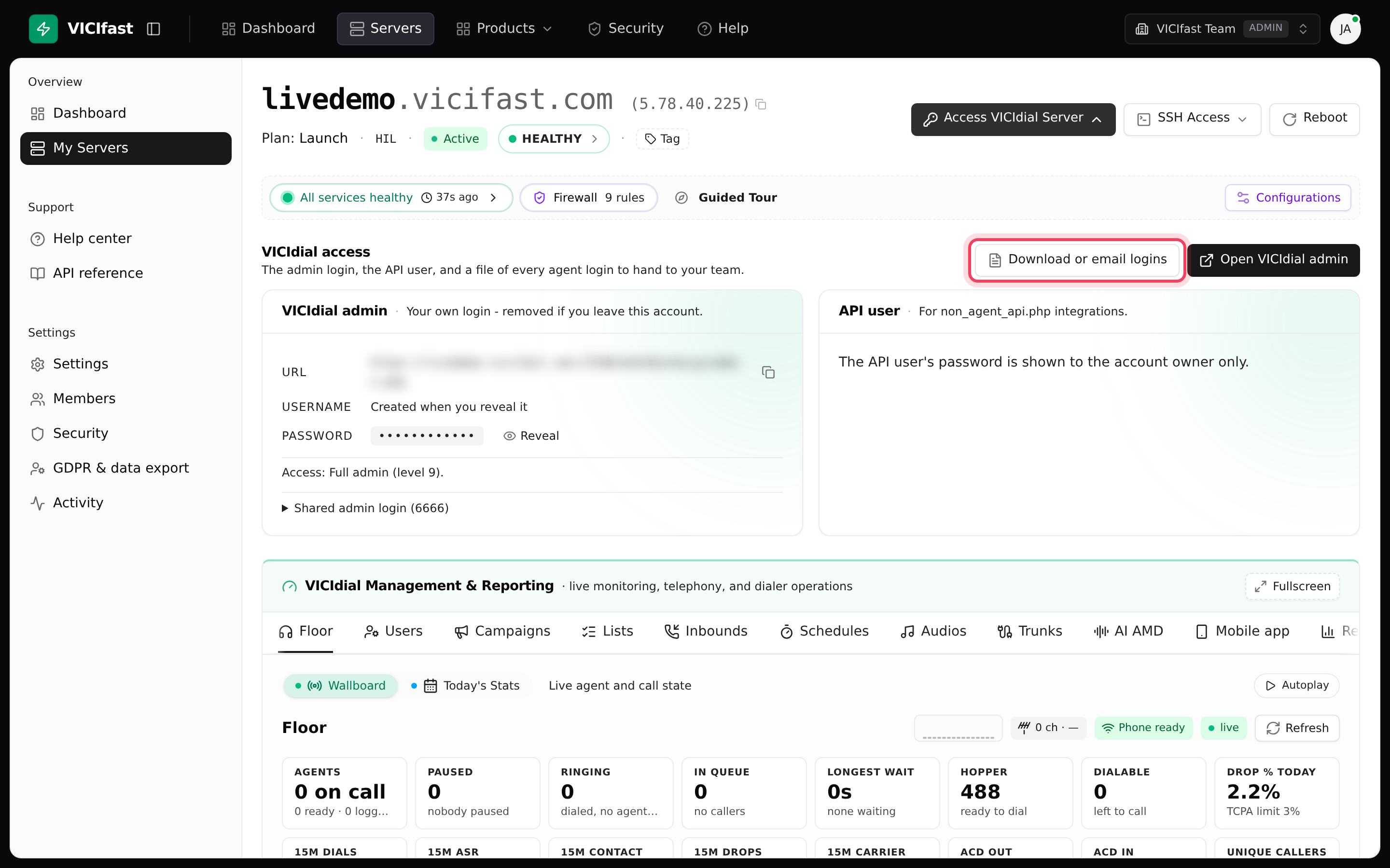 The VICIdial access panel, with Download or email logins at the top