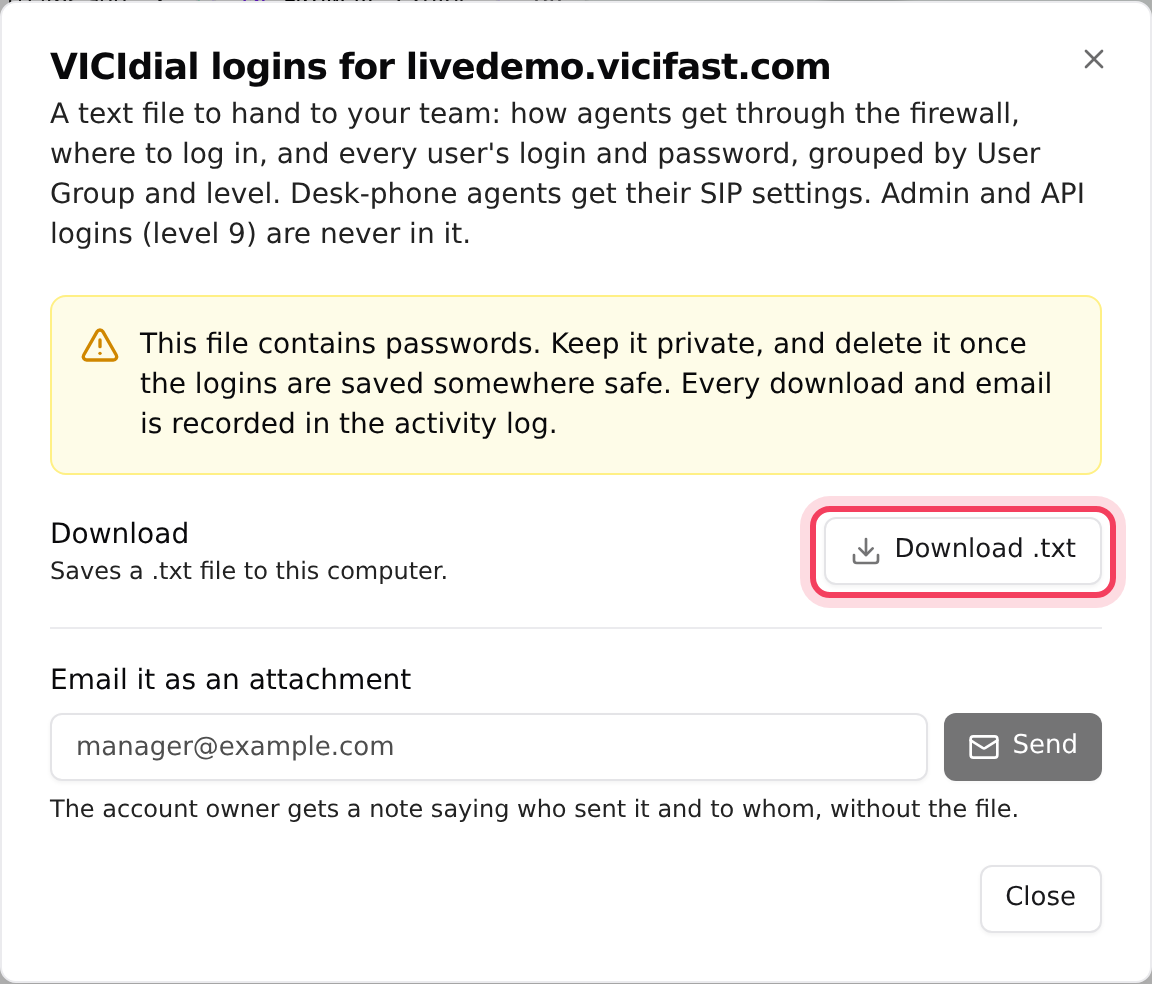 The logins window: download the file or email it