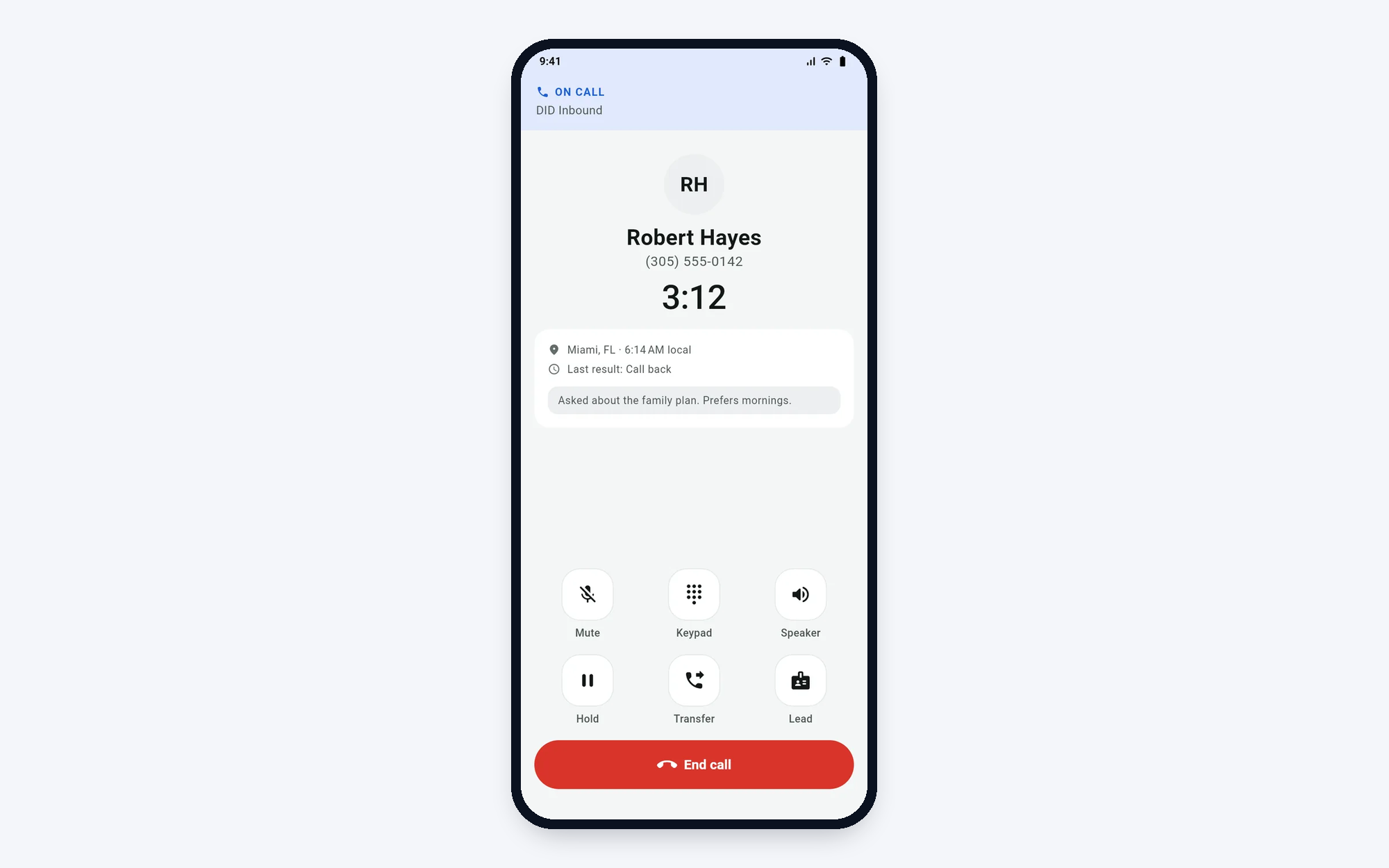 On a call: mute, keypad, speaker, hold, transfer and the customer's details