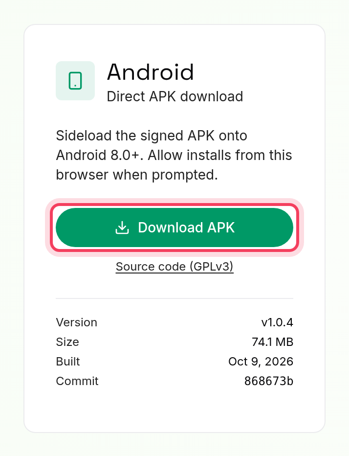 The downloads page: tap Download APK under Android