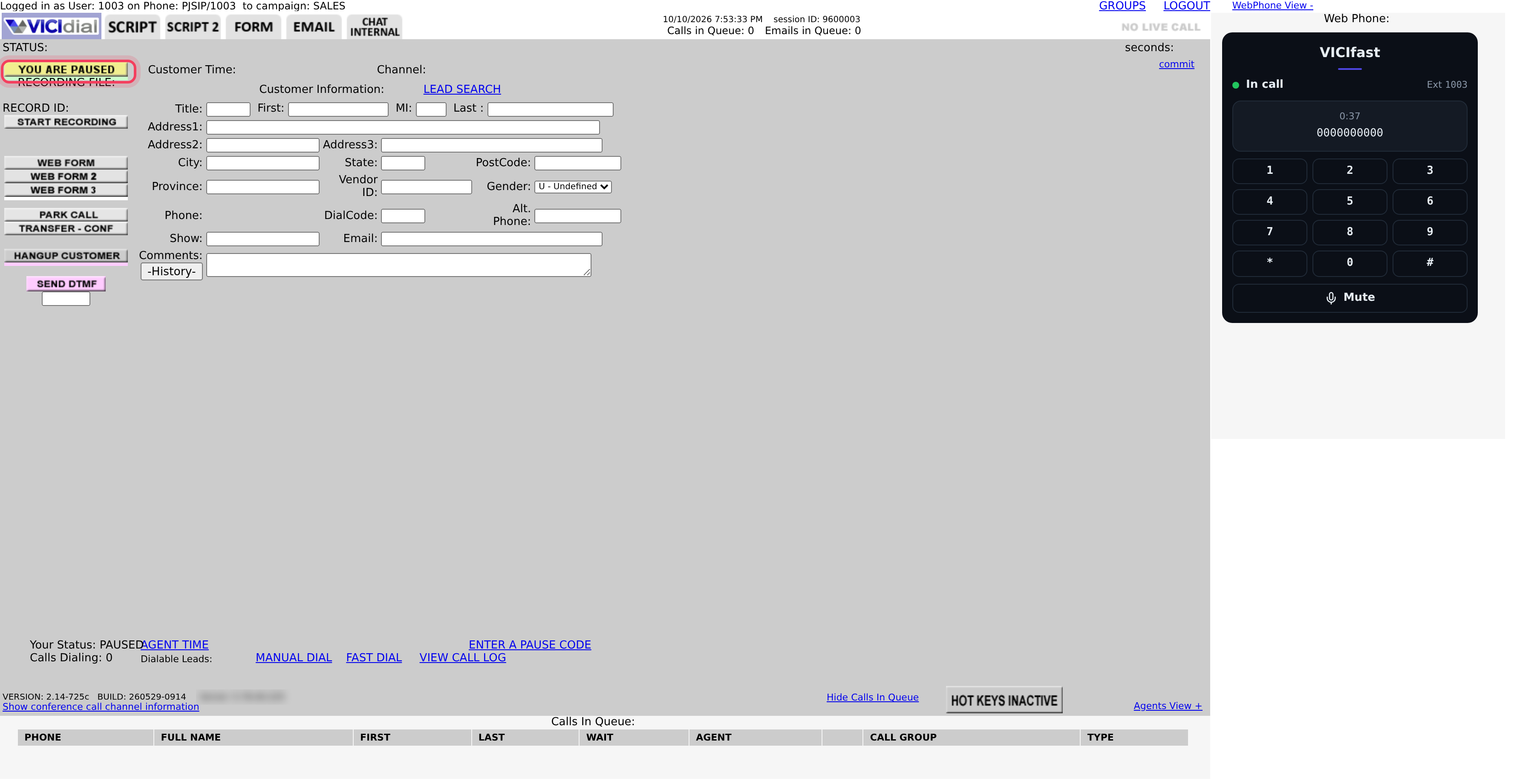 Signed in and paused: YOU ARE PAUSED on the left, and the phone on the right says In call