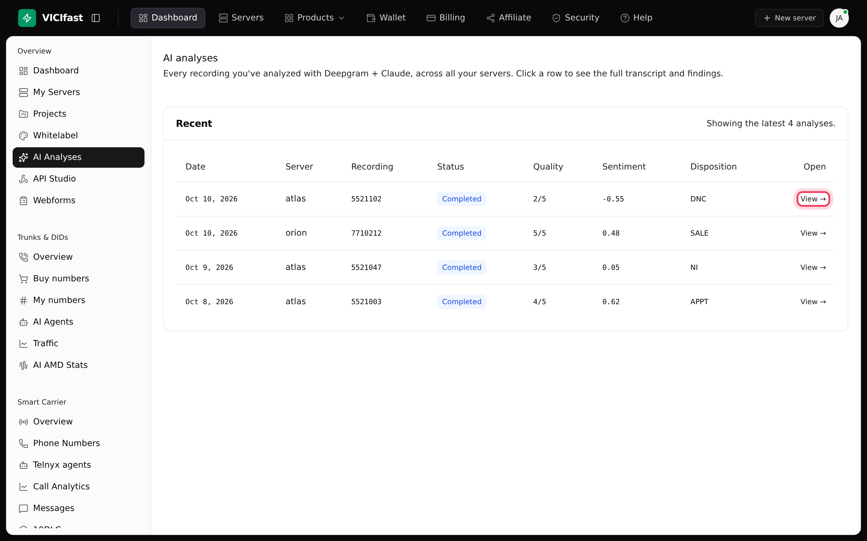 The AI analyses page: every analysis across your servers