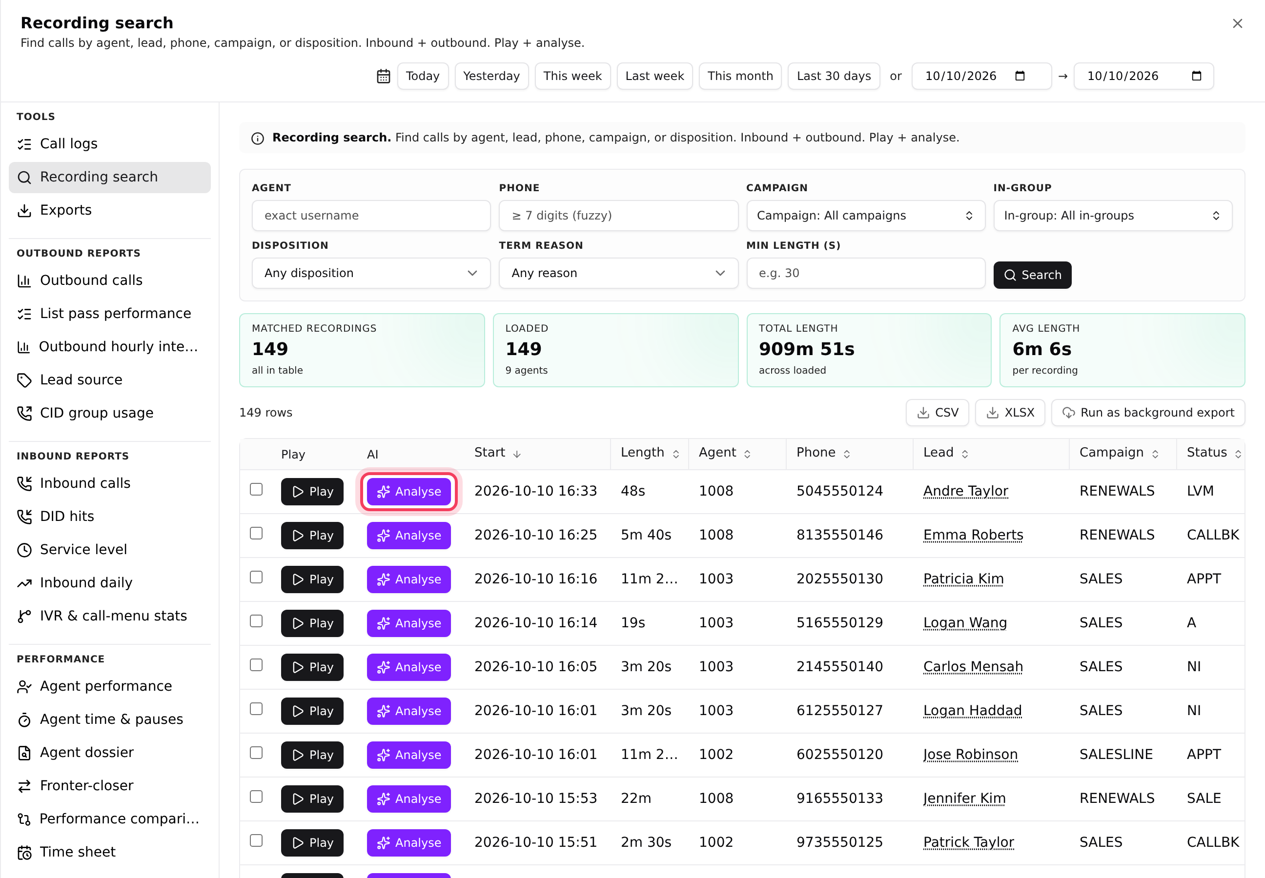 Recording search with the Analyse button next to Play