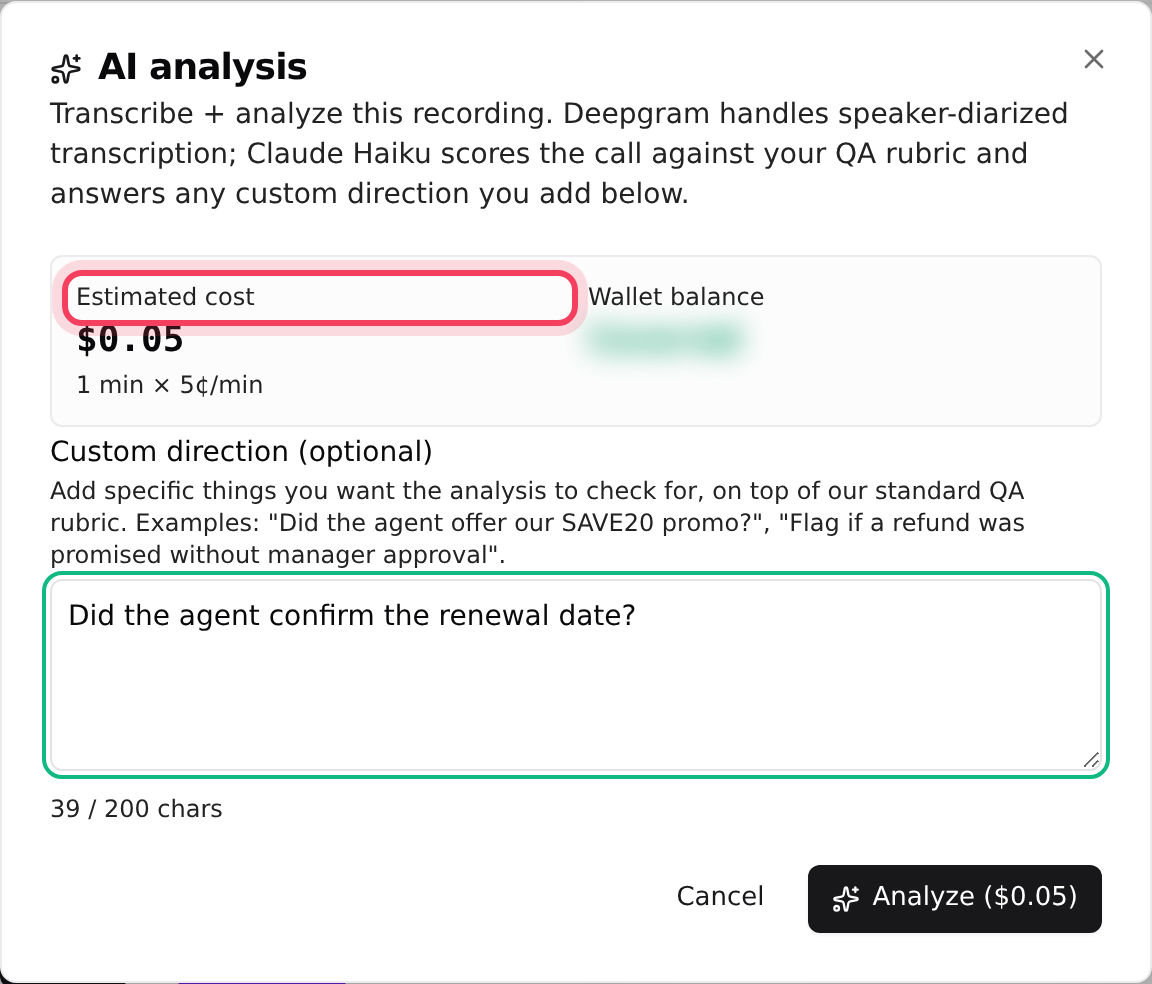 The AI analysis window: estimated cost, wallet balance and custom direction